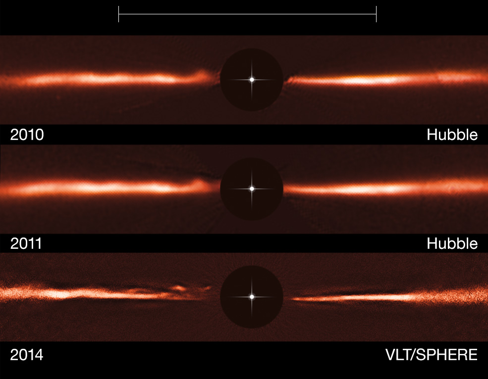 Gelombang debu misterius yang mengelilingi bintang AU Microscopii. Sinar bintang yang terang memperlihatkan lingkungan sekitar. Foto: ESO, NASA & ESA