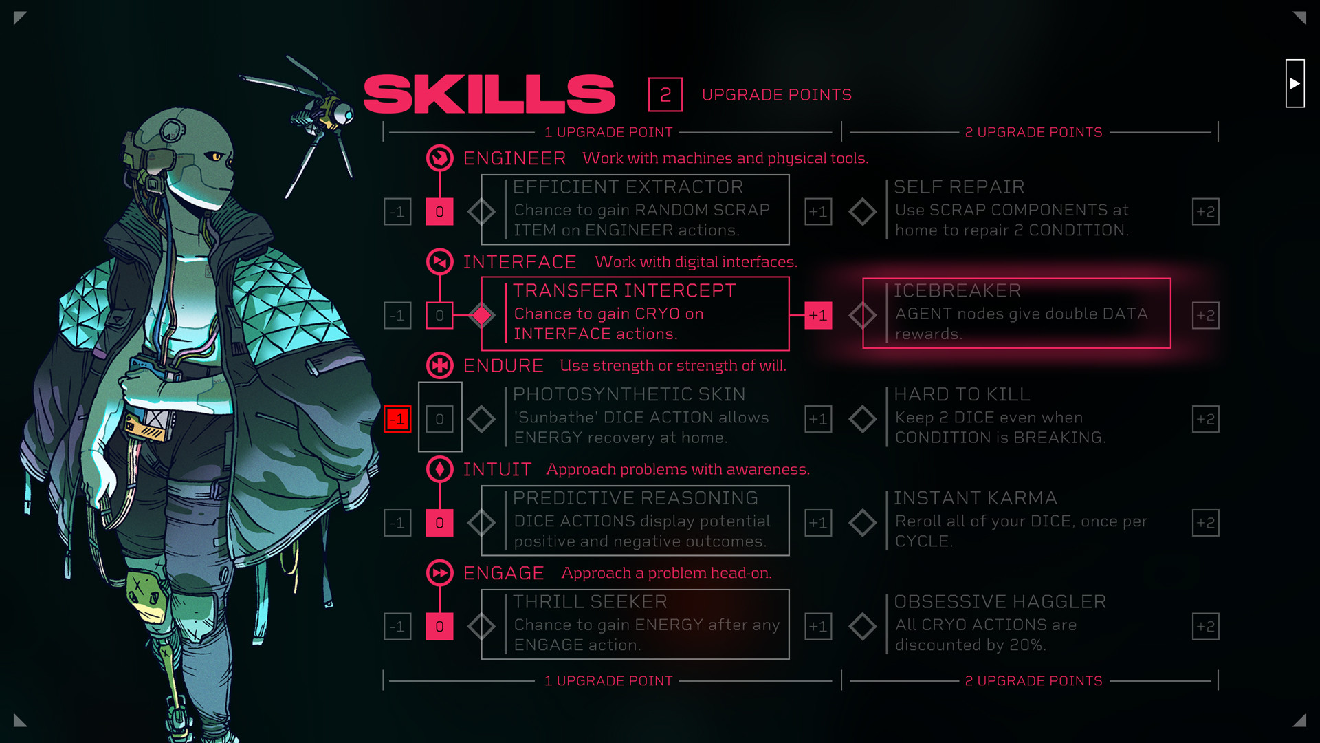 A screenshot depicting Citizen Sleeper's skill system.