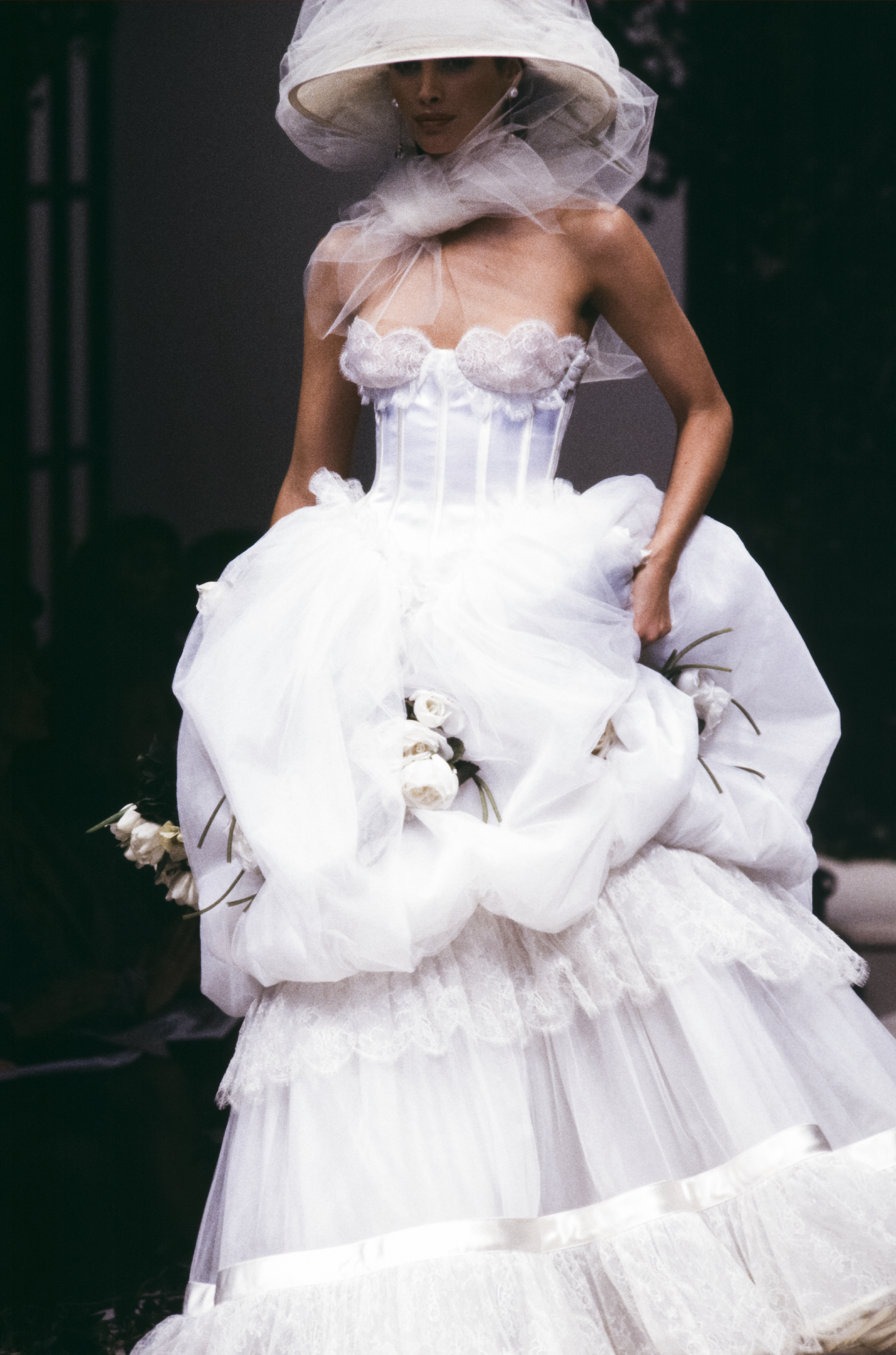 Christy Turlington walking for Valentino SS93 show in a wedding dress