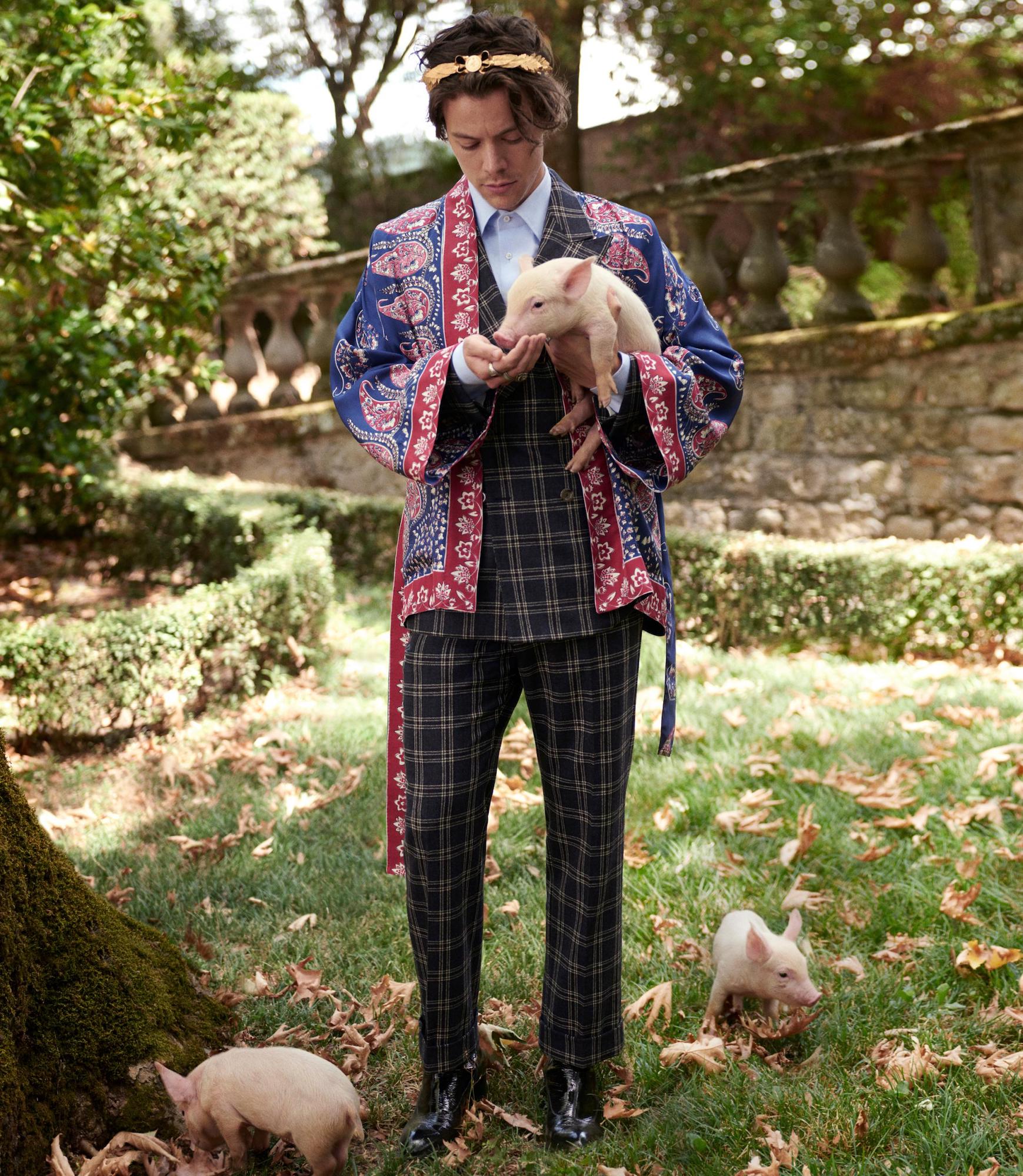 Harry Styles wearing a gucci suit, crown of thorns and kimono and holding a baby pig.