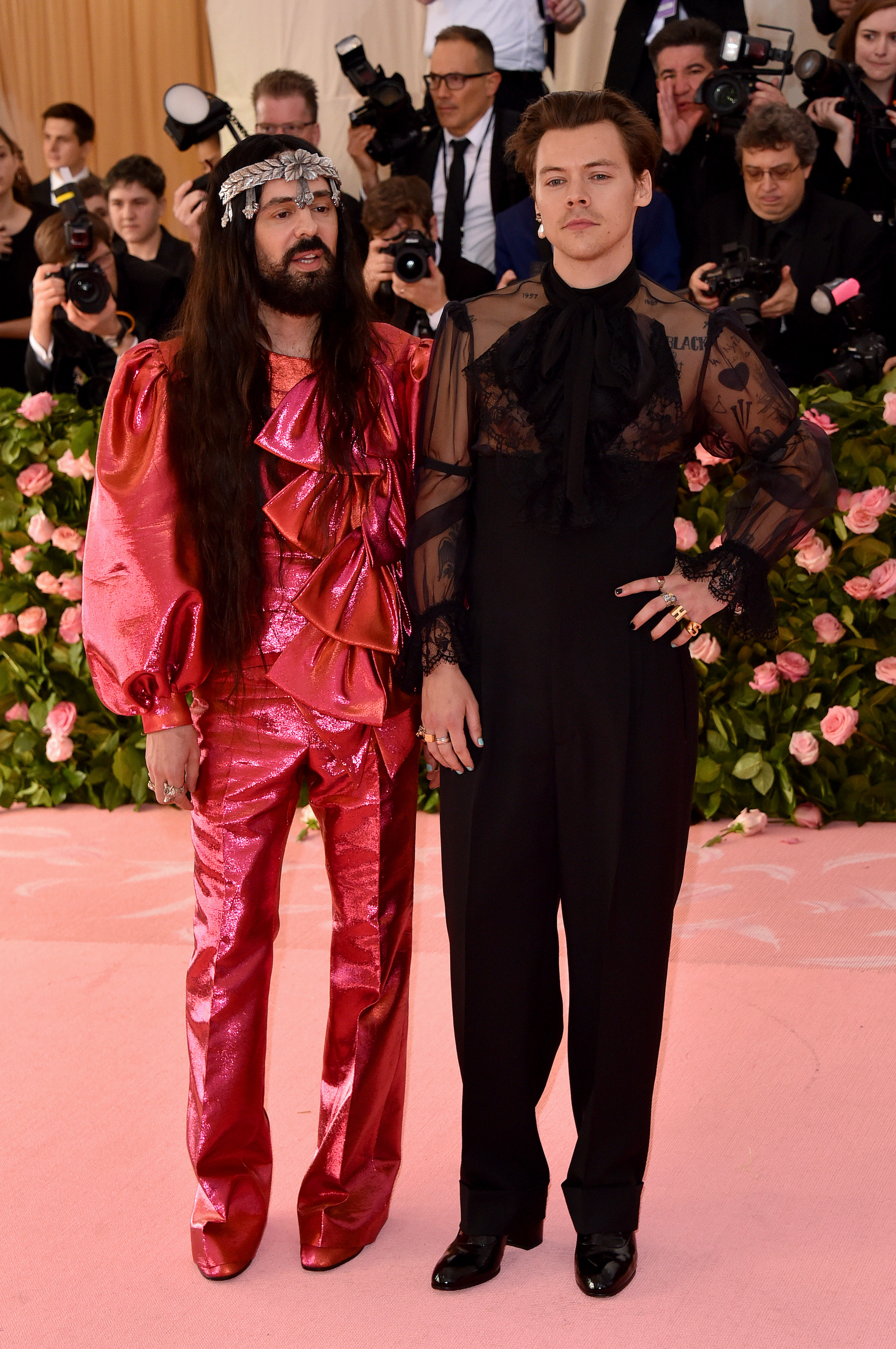 Alessandro Michelle in metallic pink and Harry Styles in all black at the Met Gala