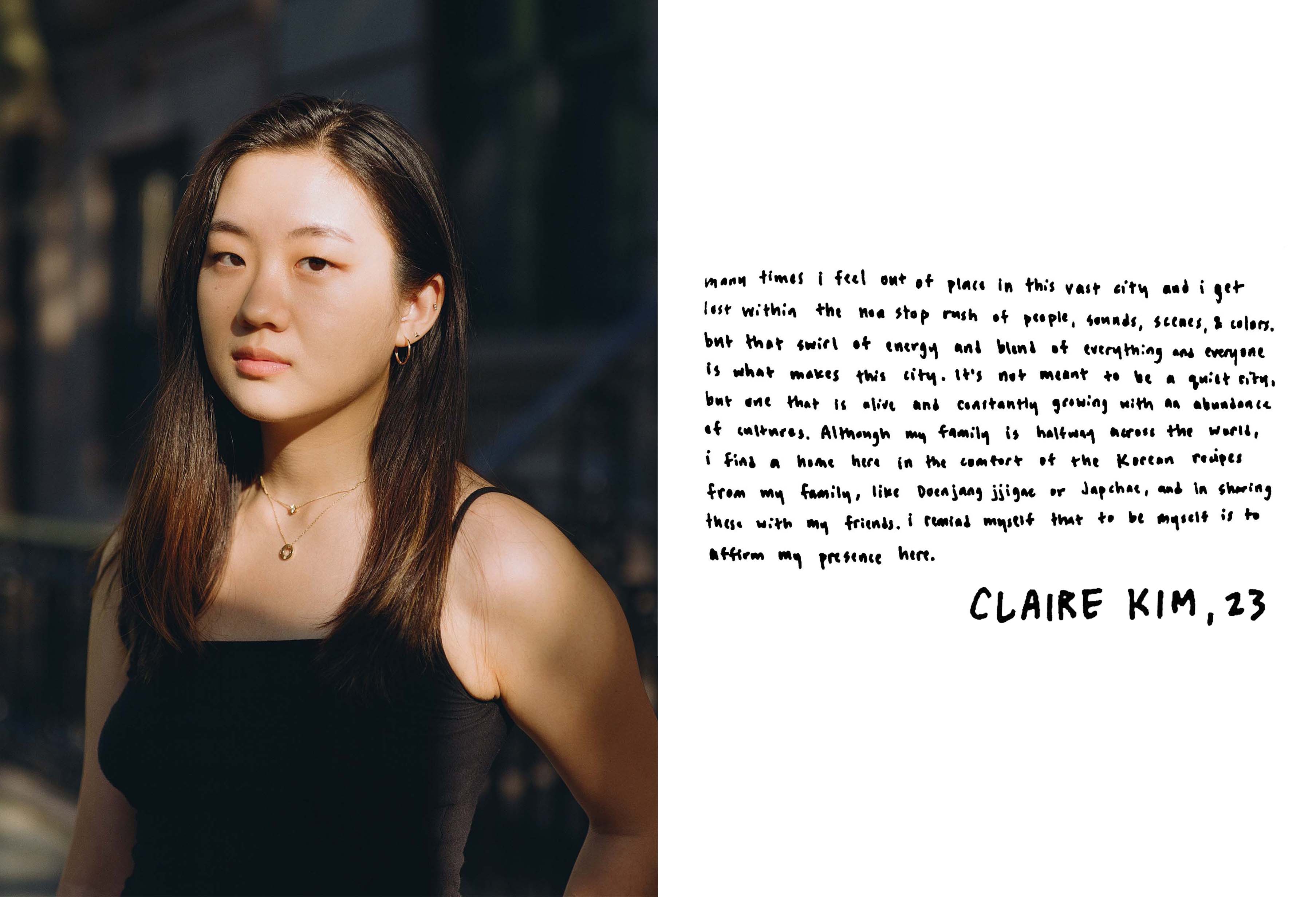 a portrait of claire kim next to a handwritten note about living in new york city