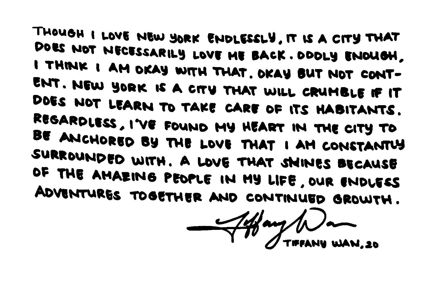 a handwritten quote about living in new york city by tiffany wan