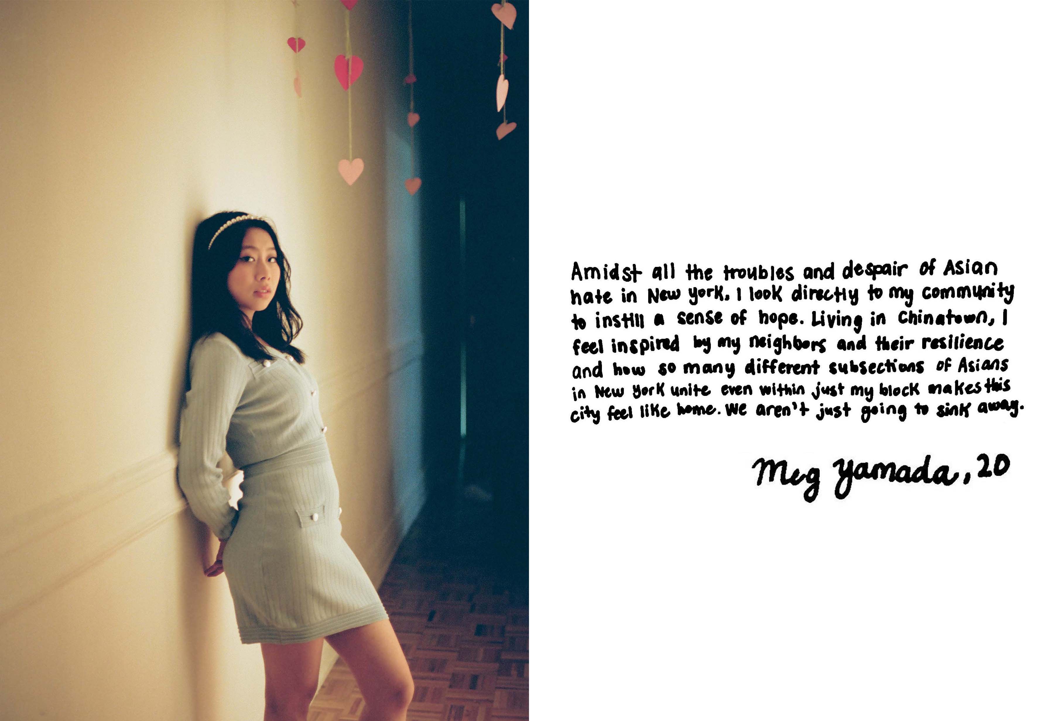 a portrait of a girl in a blue dress leaning against a wall and a quote about asian resilience