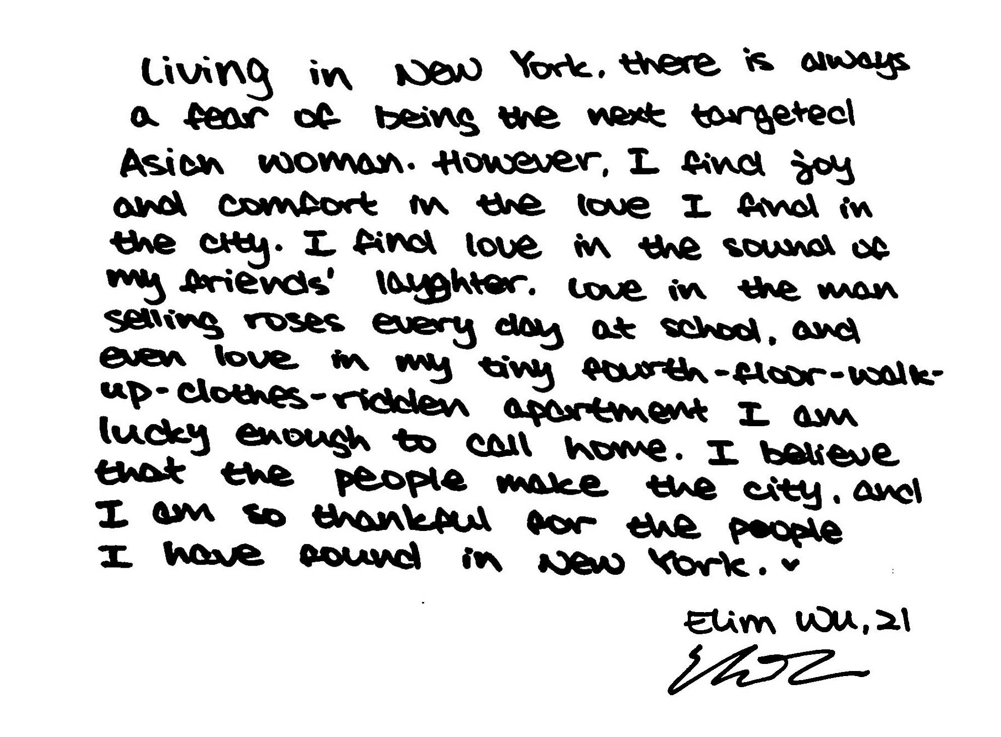 a handwritten quote about living in new york city by elim wu