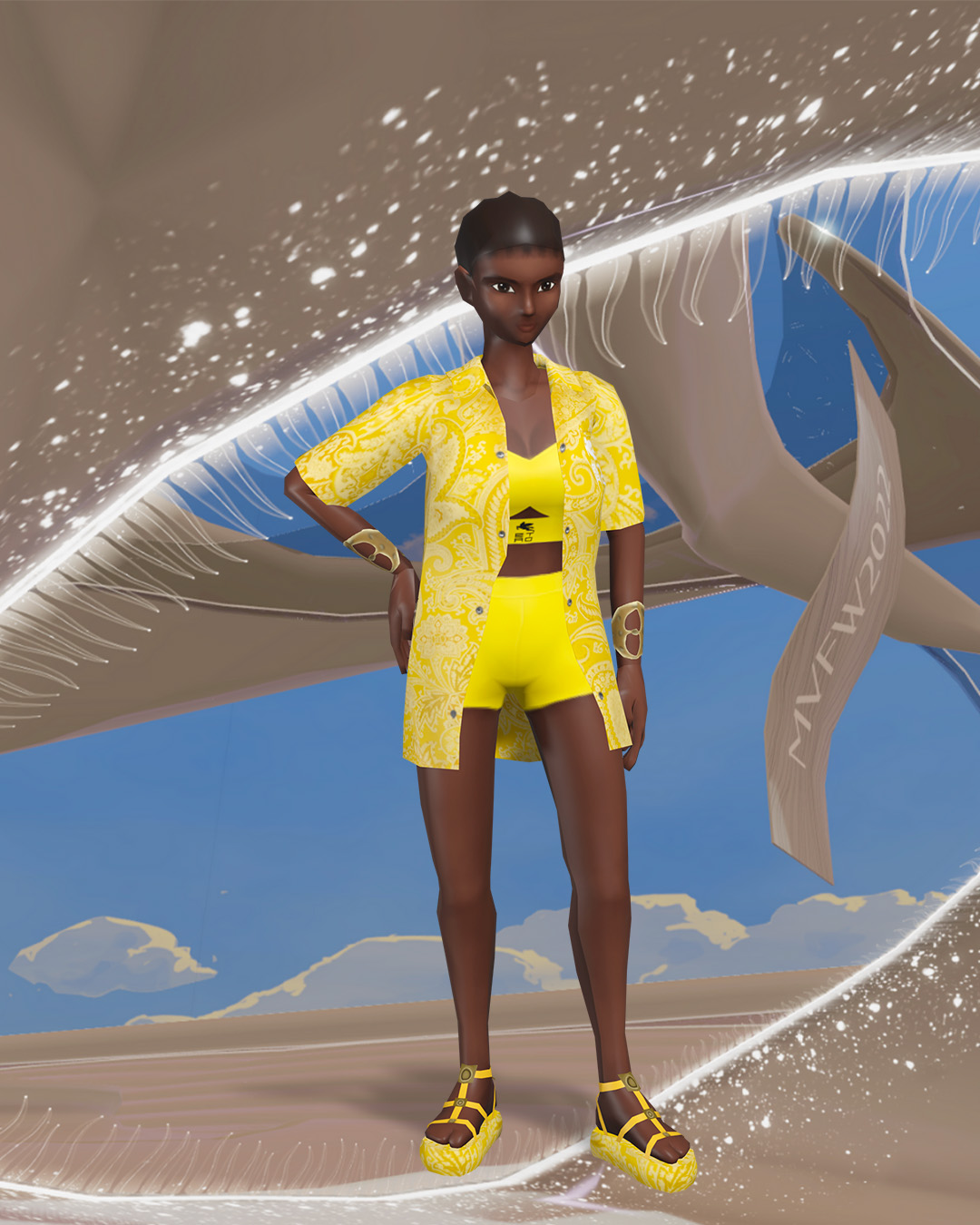 Etro Metaverse Moda Haftası'nda sarı şort, üst, gömlek ve sandalet giyen avatar