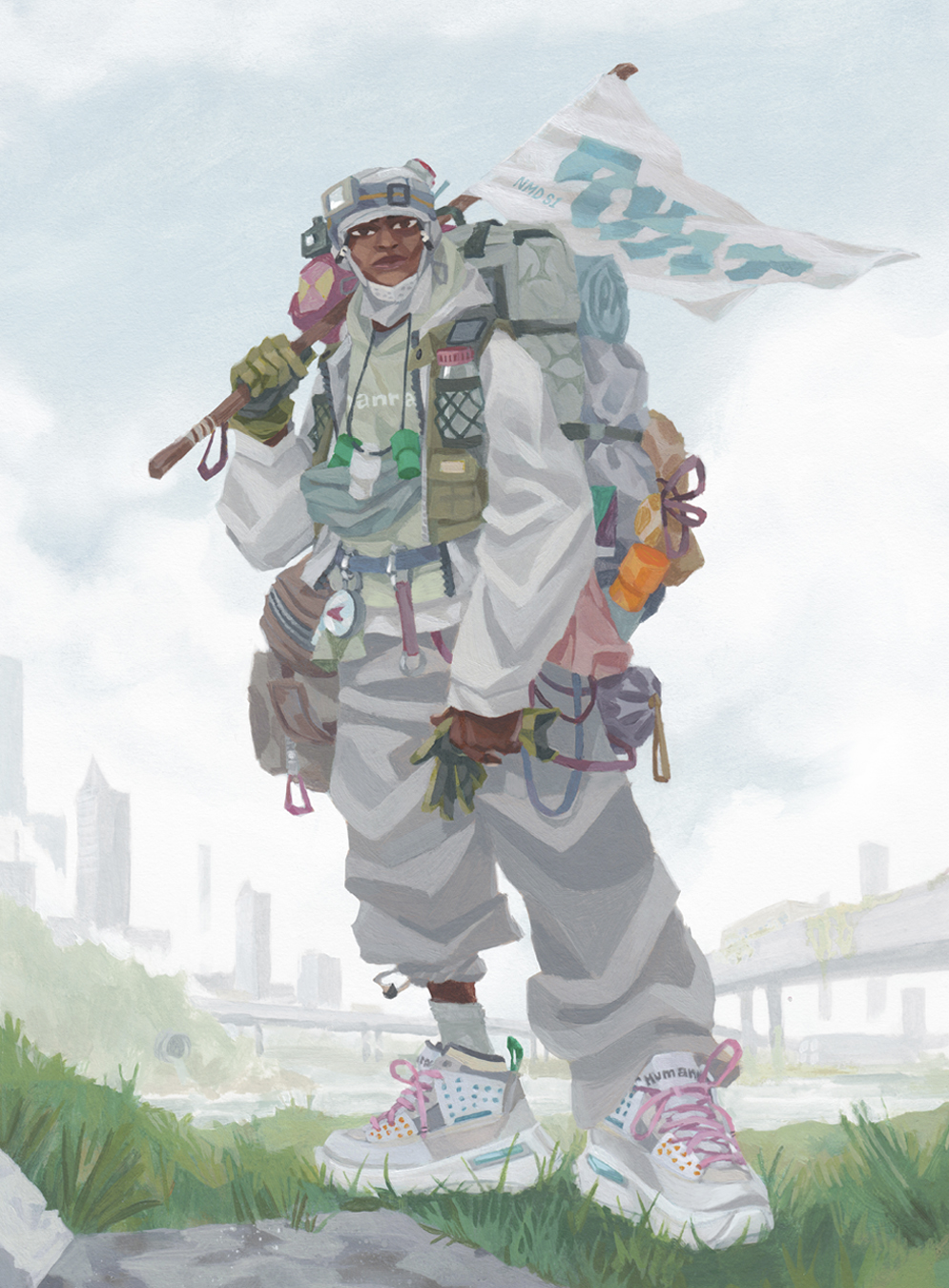 Obra de arte para Humanrace de un hombre con un chándal blanco con zapatillas deportivas, una mochila de viaje y sosteniendo una bandera blanca.