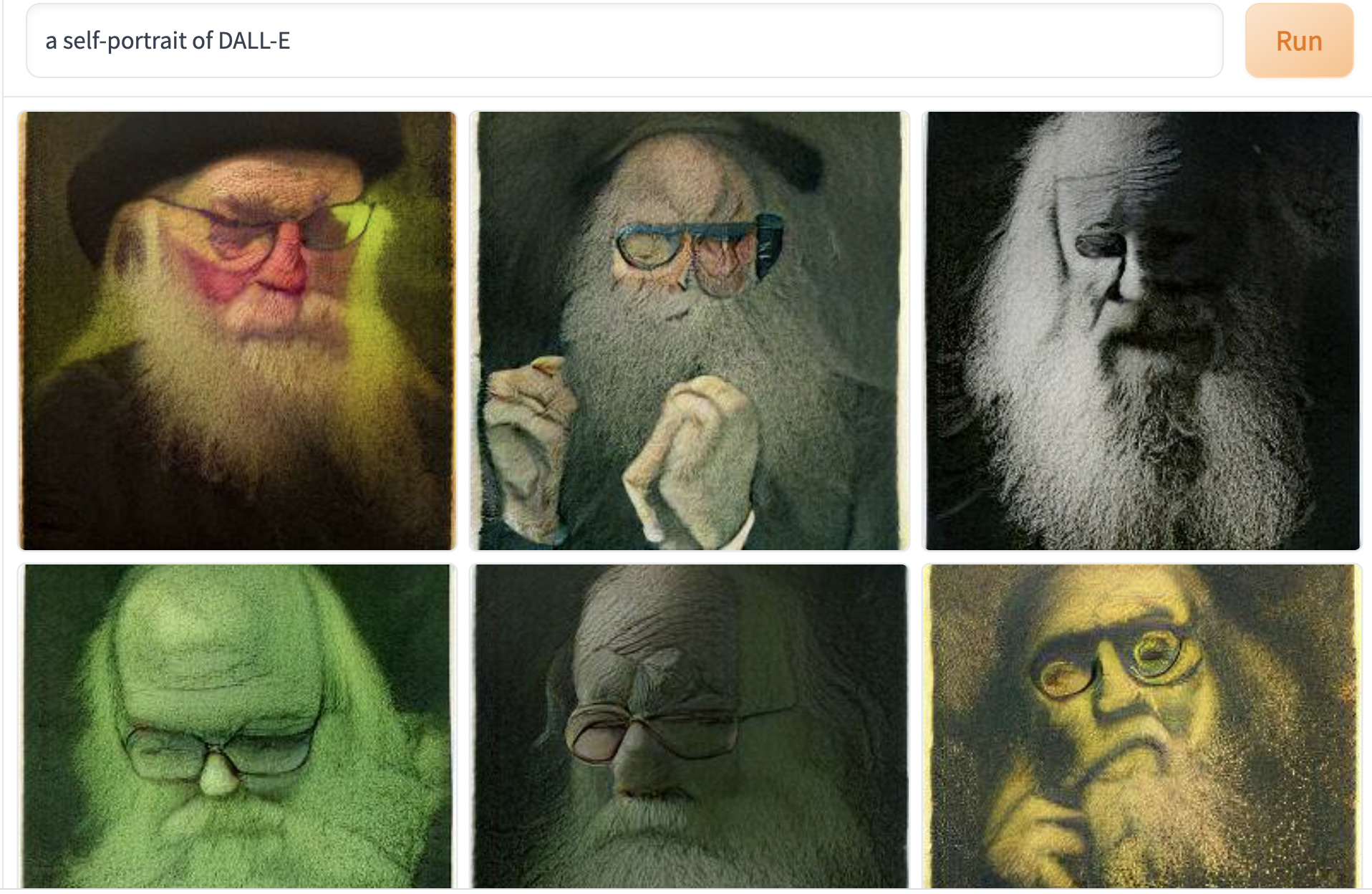 “Self-Portrait of DALL-E” menggambarkan lelaki tua berjenggot lebat yang pakai kacamata.
