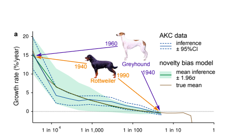 Graph showing the rise and fall of popularity in Greyhounds and Rottweilers. 