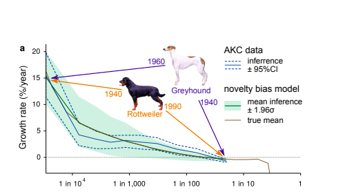 Graph showing the rise and fall of popularity in Greyhounds and Rottweilers.