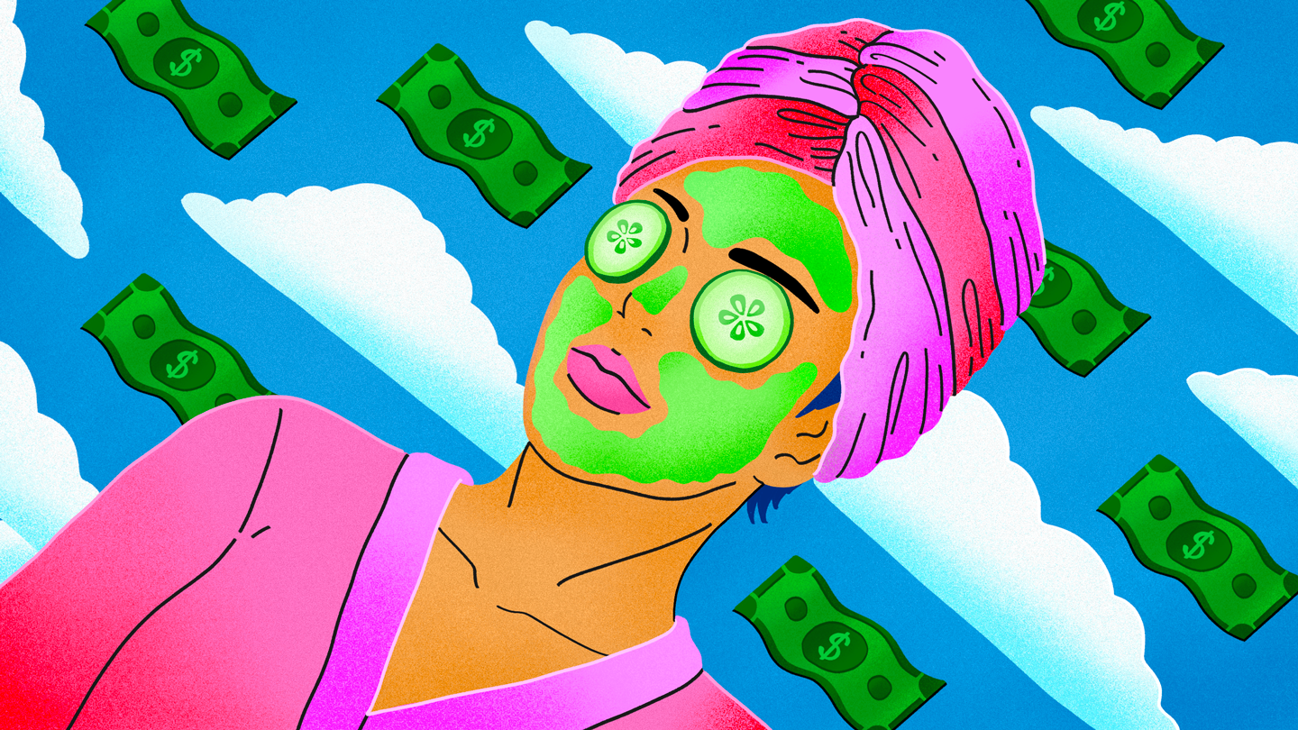 woman with flying dollar bill background and cucumber eye mask