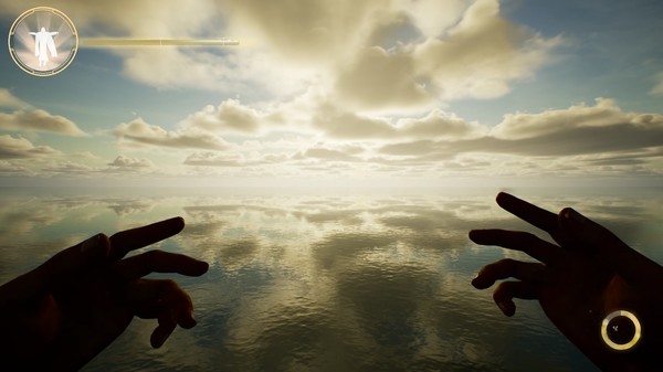 Disembodied hands open wide in front of a flat body of water with clouds reflected in it.