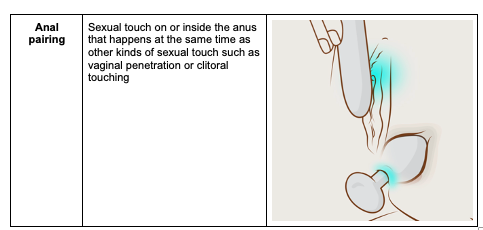 Anal pairing: tocco sessuale sopra o dentro l'ano che avviene contemporaneamente ad altri tipi di contatto sessuale come la penetrazione vaginale o il tocco del clitoride