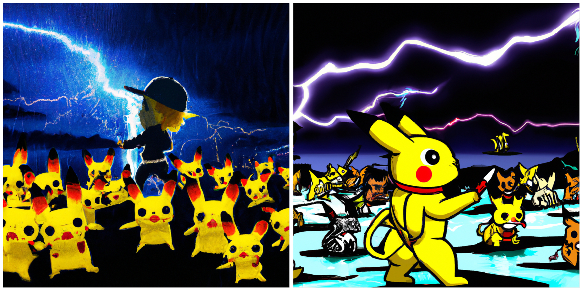 Images generated by DALL-E showing a boy wearing a hat and a crowd of yellow Pikachus under a dark sky filled with lightning. 