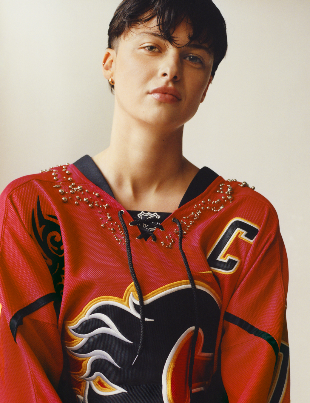 model wearing a red sports top  in i-D 369 the Earthrise issue
