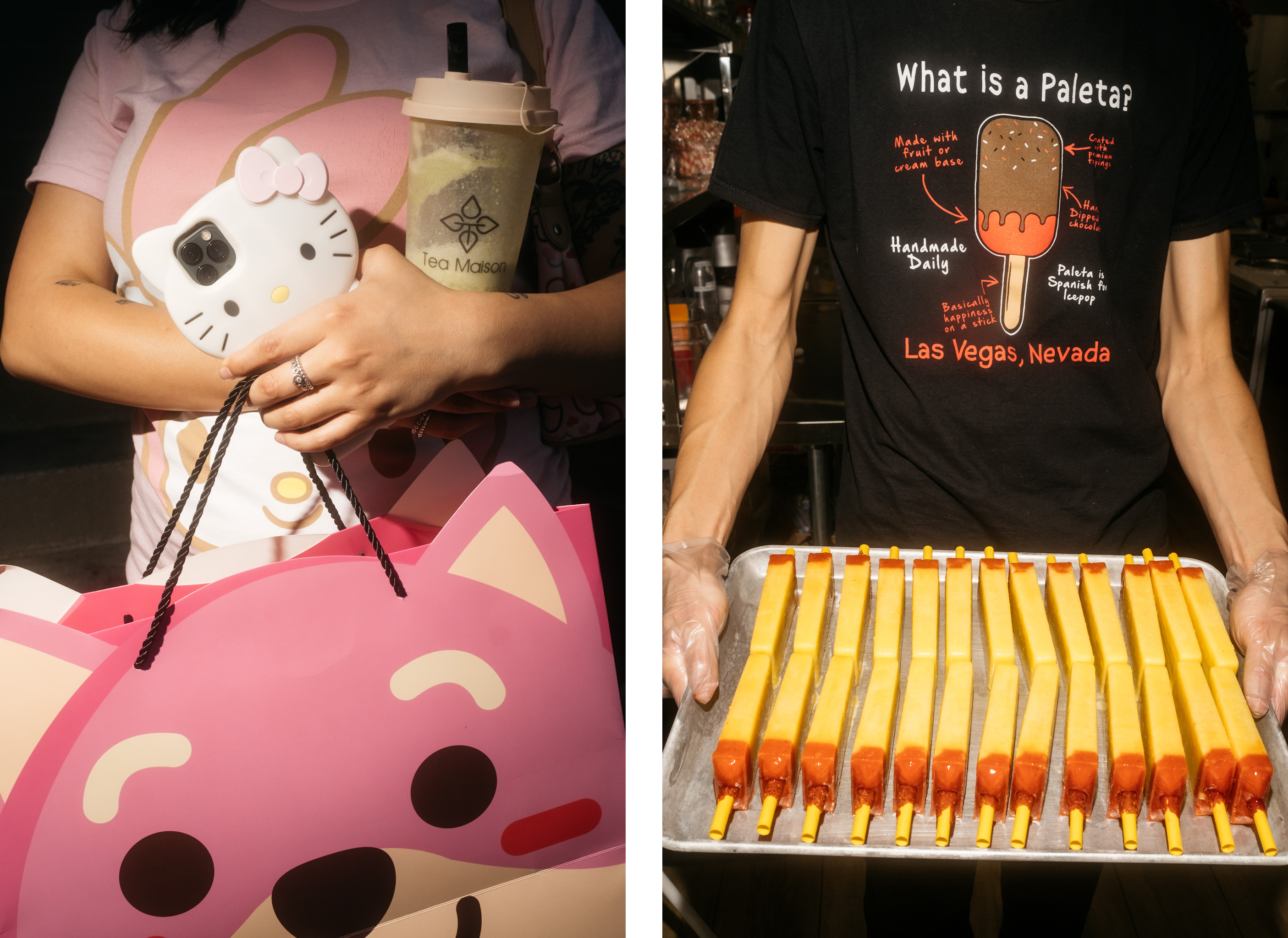 Left: A Shanghai Plaza patron holidng her day's purchases from Chinatown. Right: A Paleta Bar employee serving up a tray of paletas.
