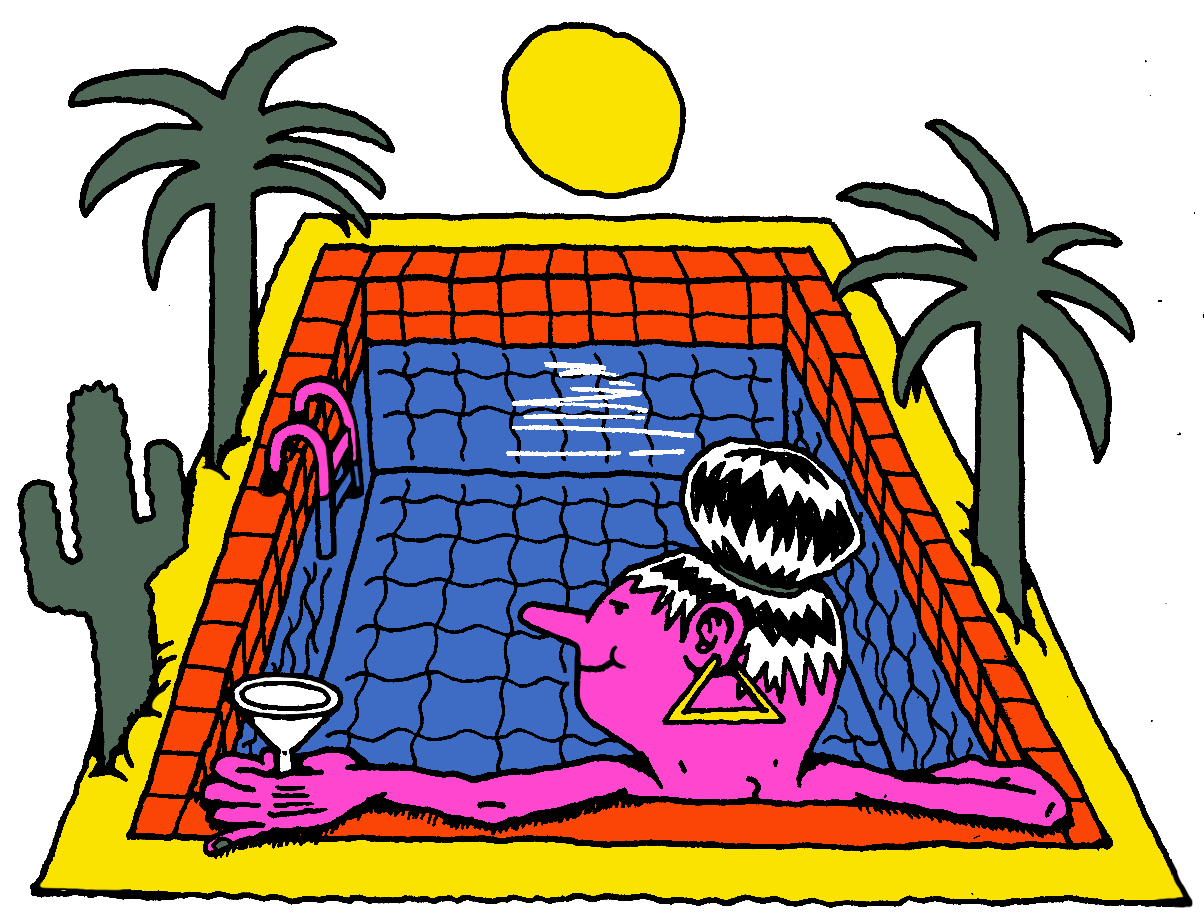 A person in a pool with a cocktail