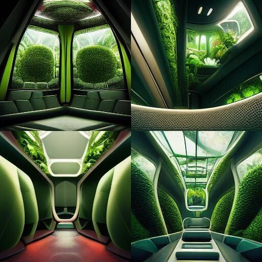 Images generated by Midjourney with the prompt: "interior of a spaceship filled with lush plants"