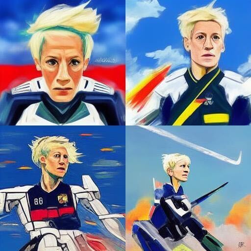 Images generated by Midjourney with the prompt: "Megan Rapinoe piloting a Gundam in German Impressionist style"