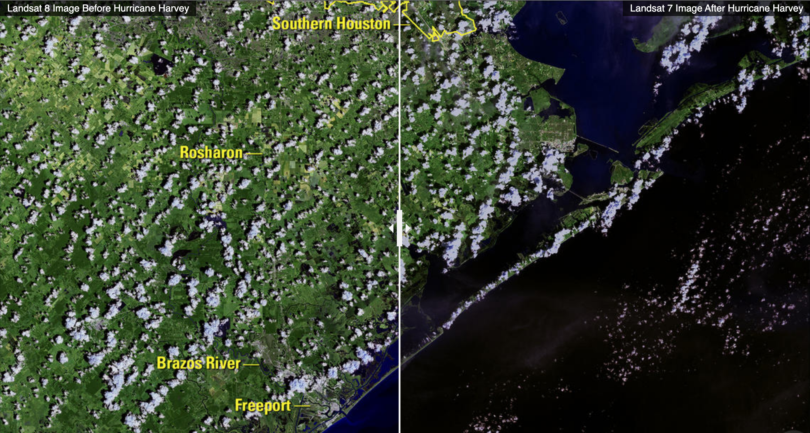 Gambar Landsat 7 dan Landsat 8 memperlihatkan banjir yang merendam wilayah sekitar pantai teluk Texas, Amerika Serikat, usai dihajar Badai Harvey pada Agustus 2017. Foto: NASA/USGS