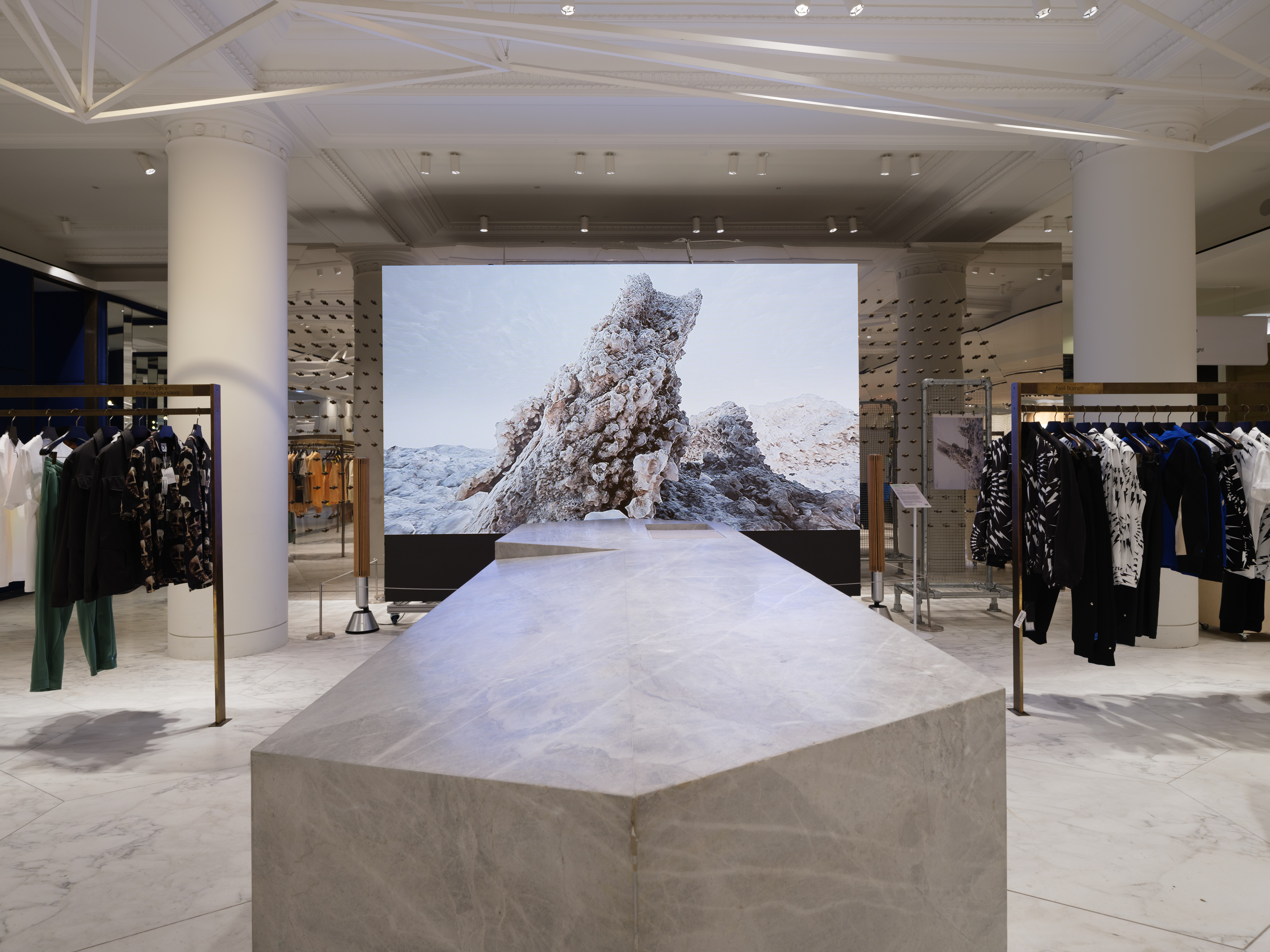 Art installation at Selfridges by Jakob Kudsk Steensen of a screen with natural landscape scenes on it