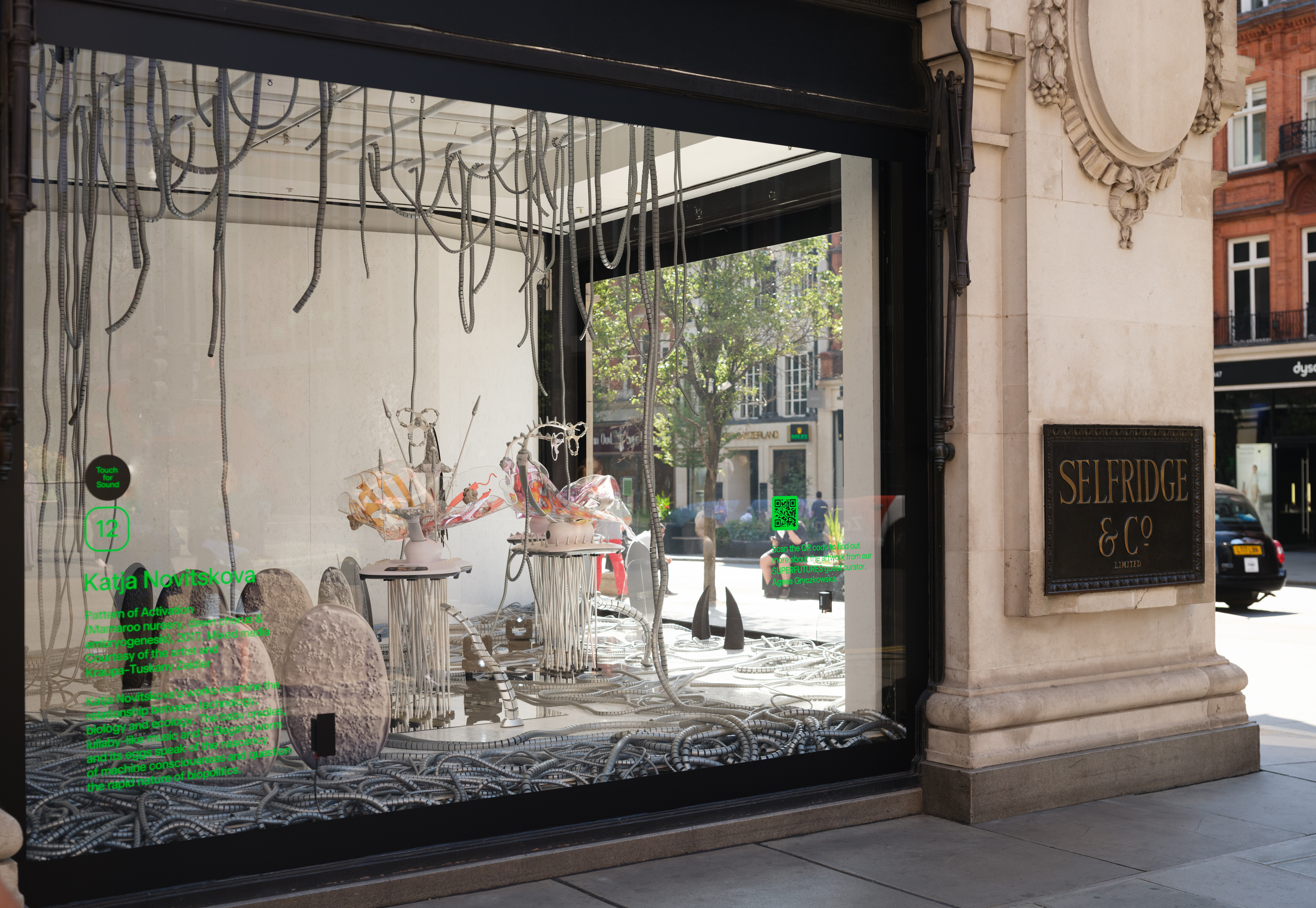 Art installation in Selfridges' windows by Katja Novitskova of ropes and metal art