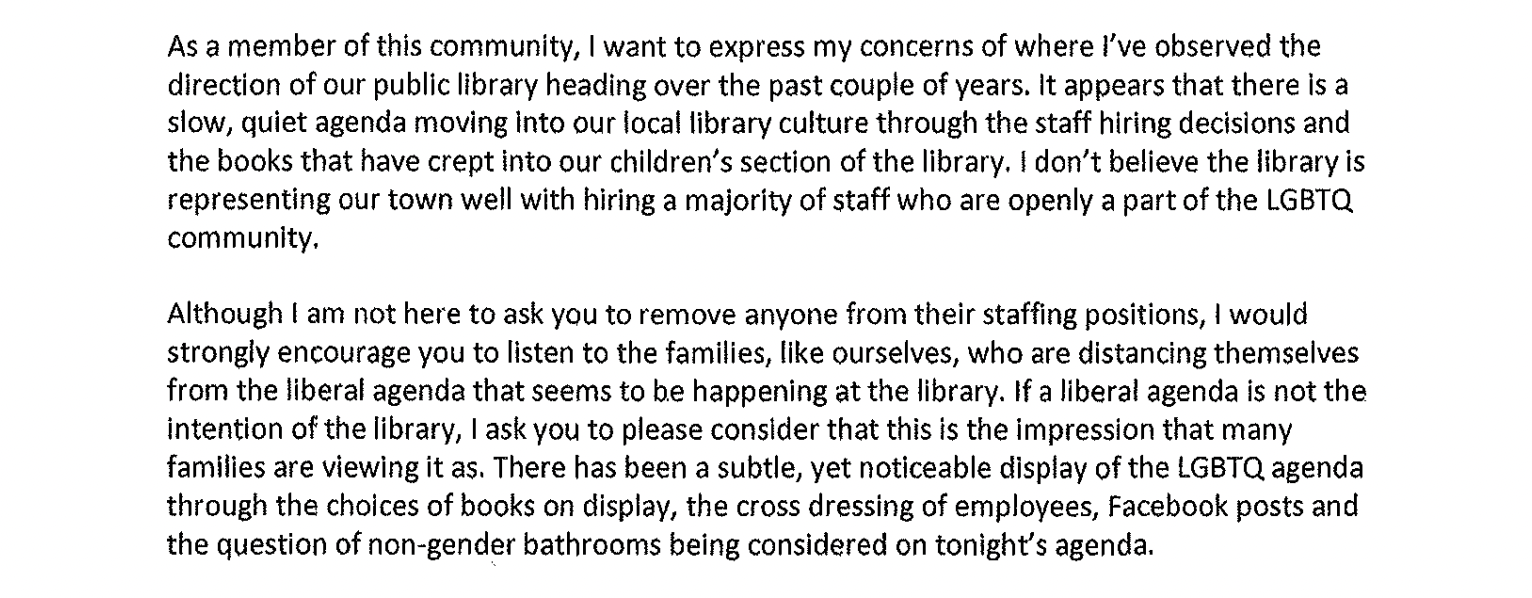 An excerpt from a letter written by a resident criticizing the Vinton Public Library for its 