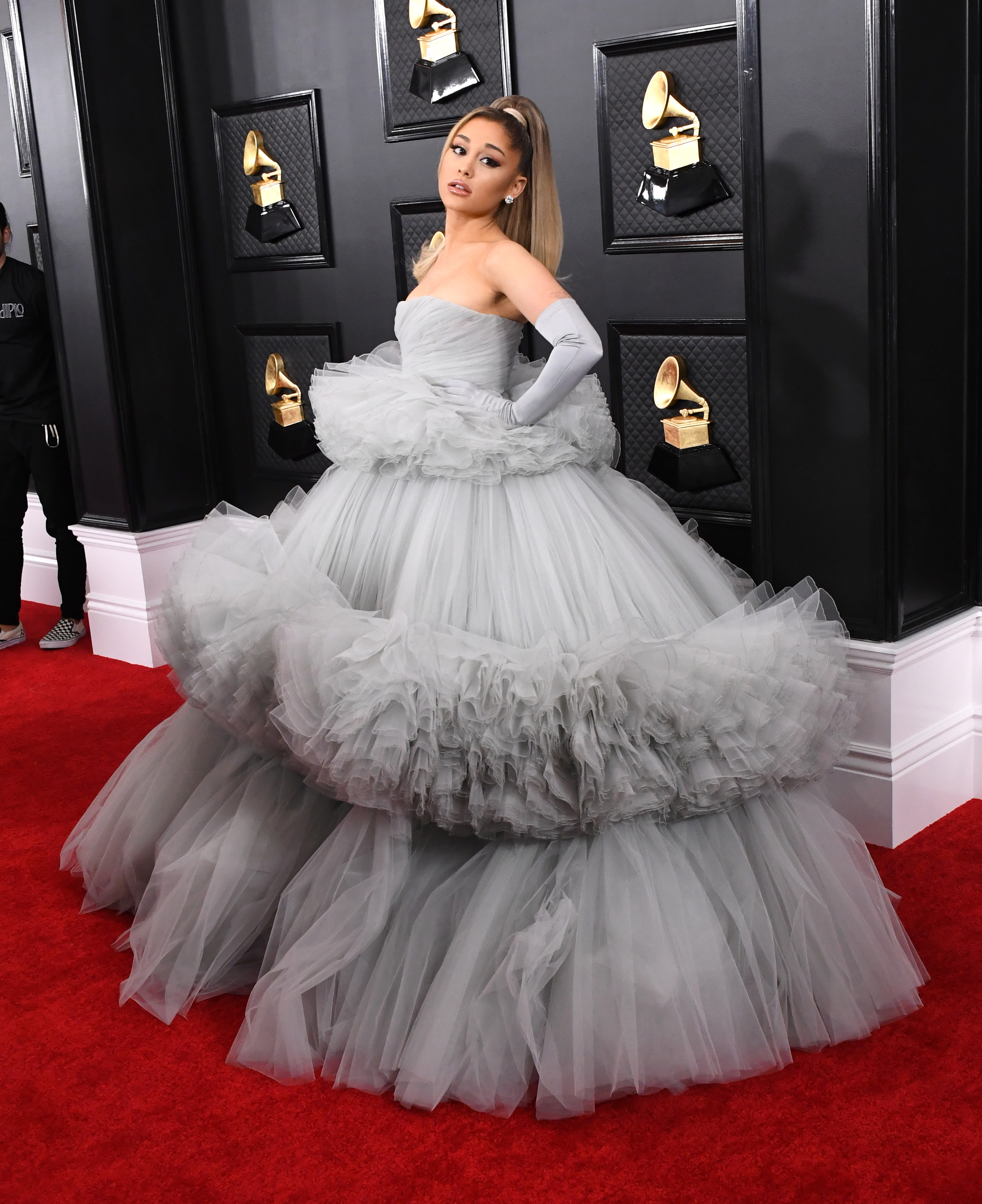 Ariana Grande wearing a grey tulle dress from Giambattista Valli Haute Couture at the Grammy Awards in 2020
