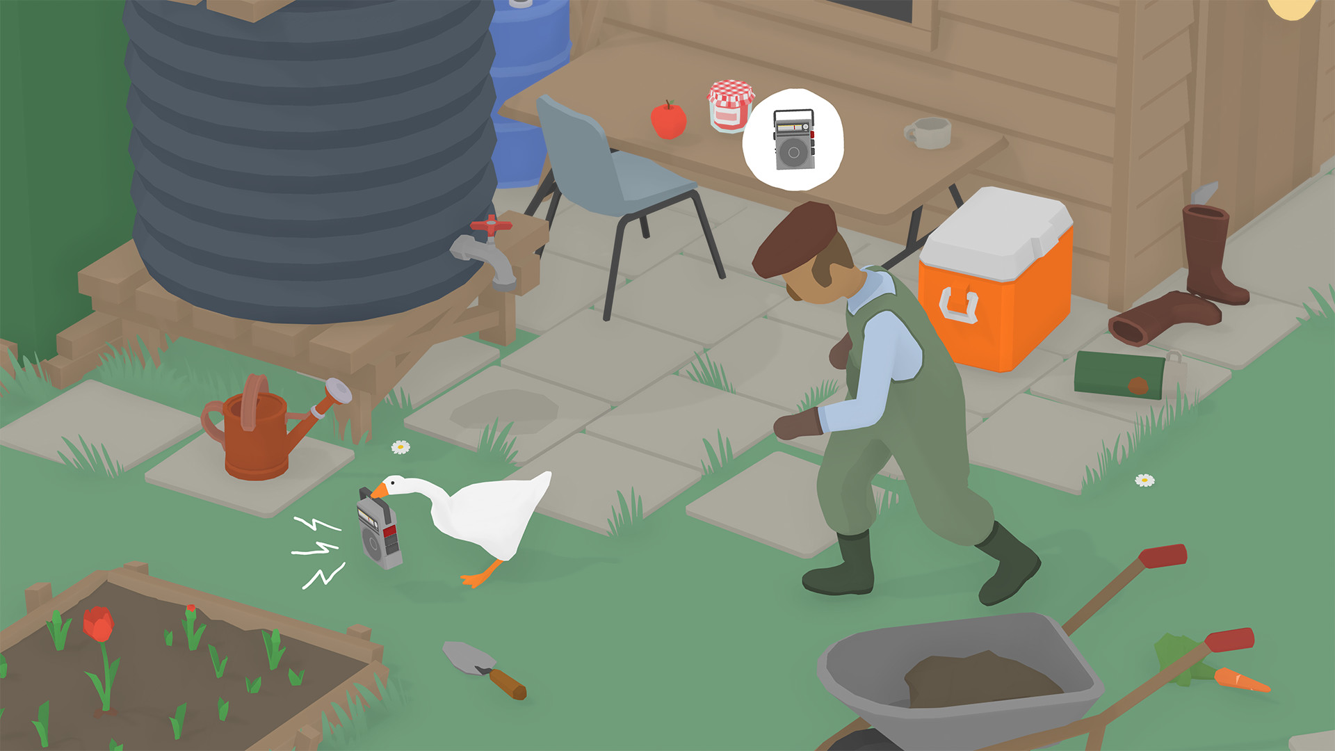 A screen shot from the video game 'Untitled Goose Game.' Screen shot courtesy of Panic