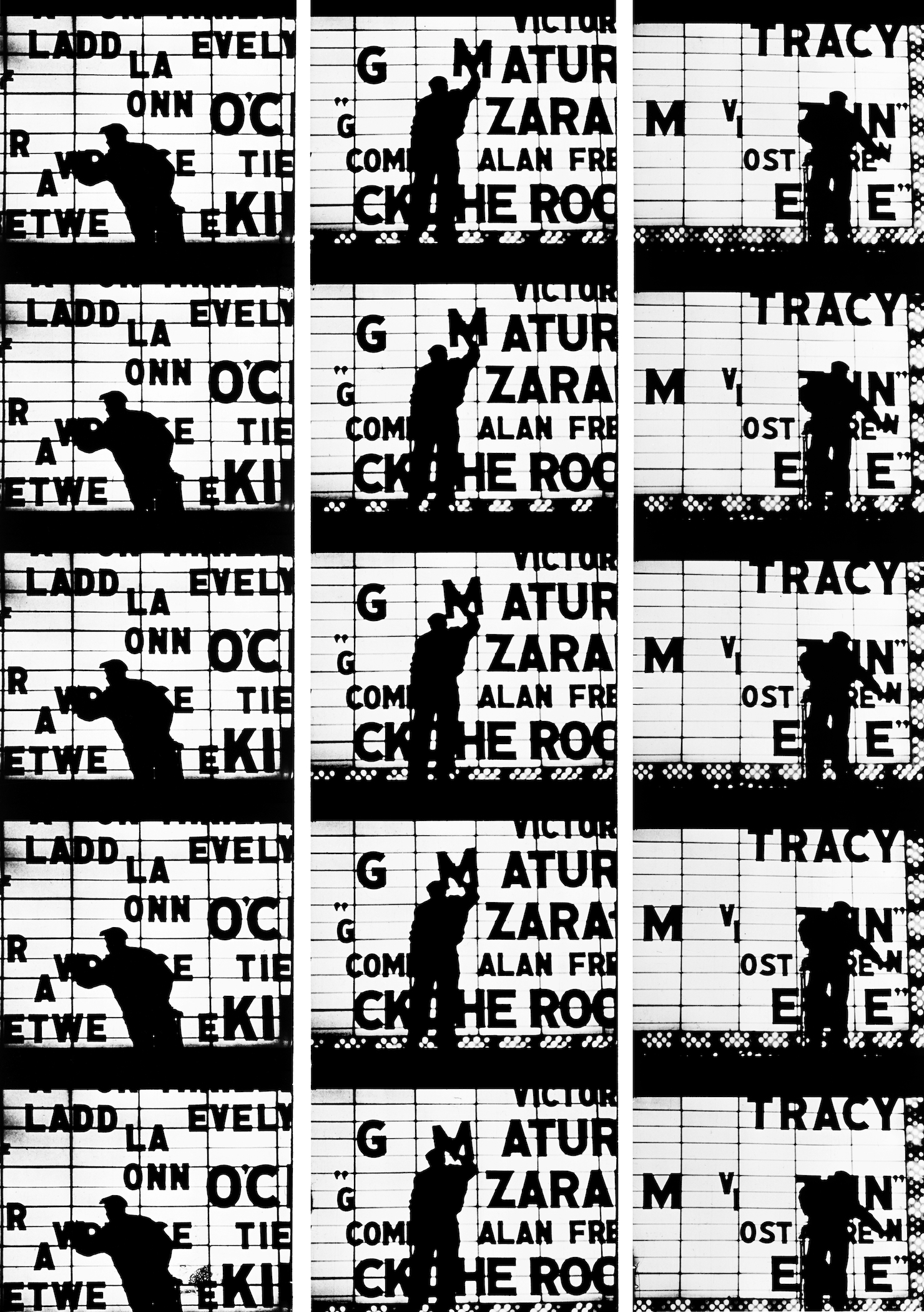 Black-and-white photo of film strips of someone adjusting the lettering on the broadway lights