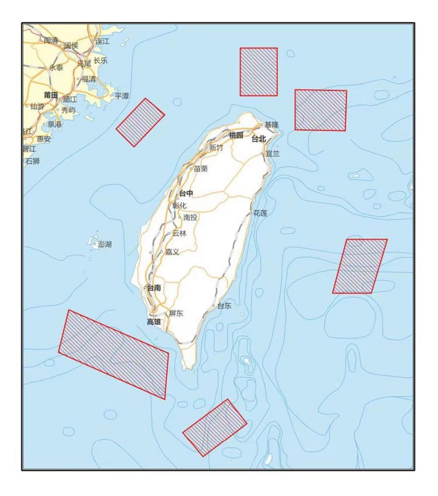 A map released by China's official Xinhua news agency indicates six areas around Taiwan where the Chinese military will conduct drills.