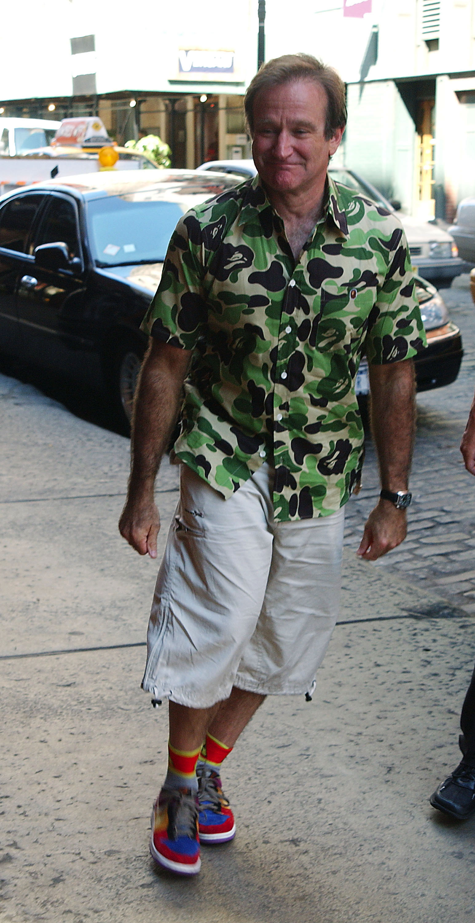 Robin Williams wearing BAPE in Soho, London in 2002