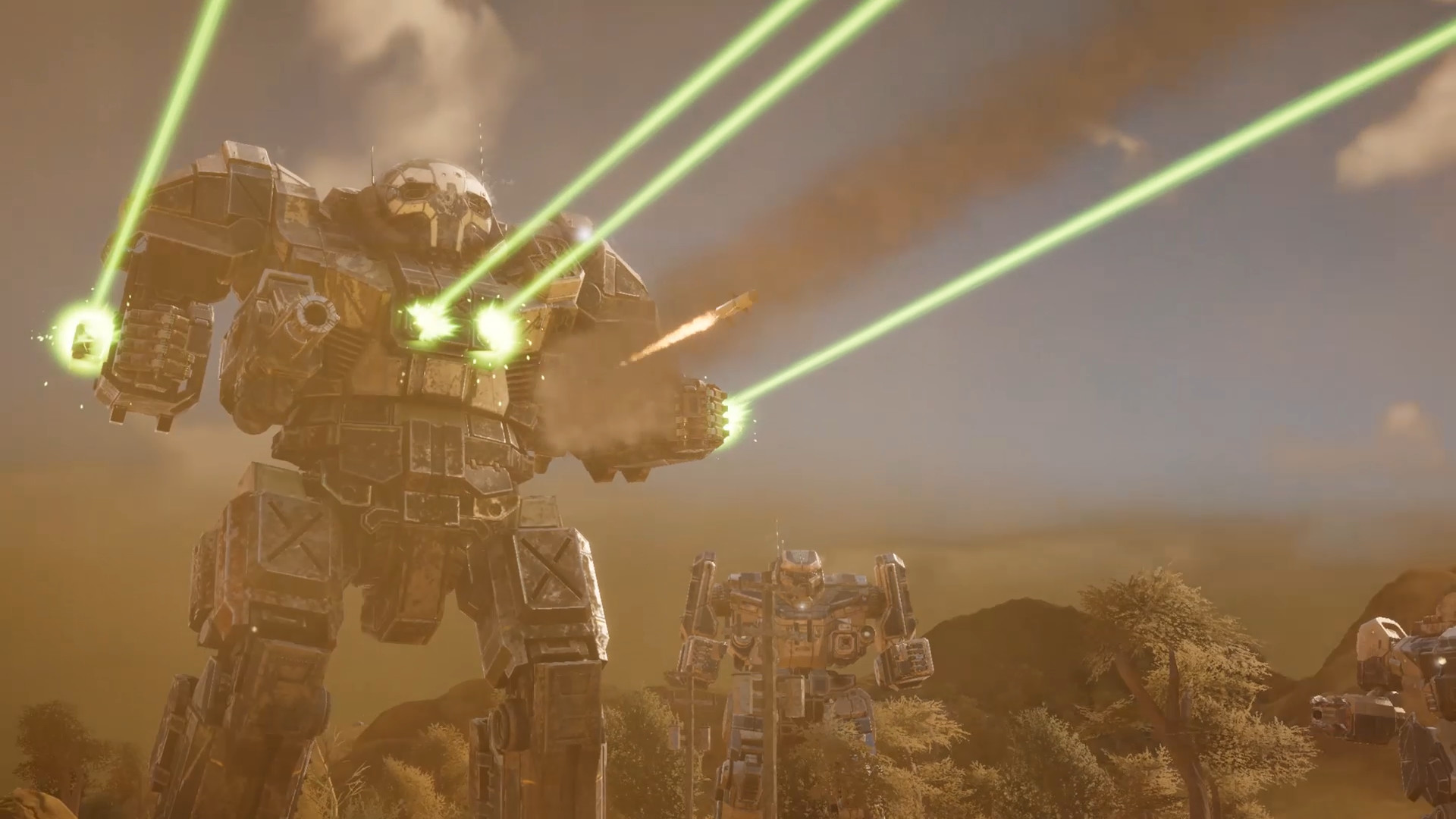 A large, humanoid mech fires a laser salvo as missiles fly from its chest. There are two other mechs standing behind it.