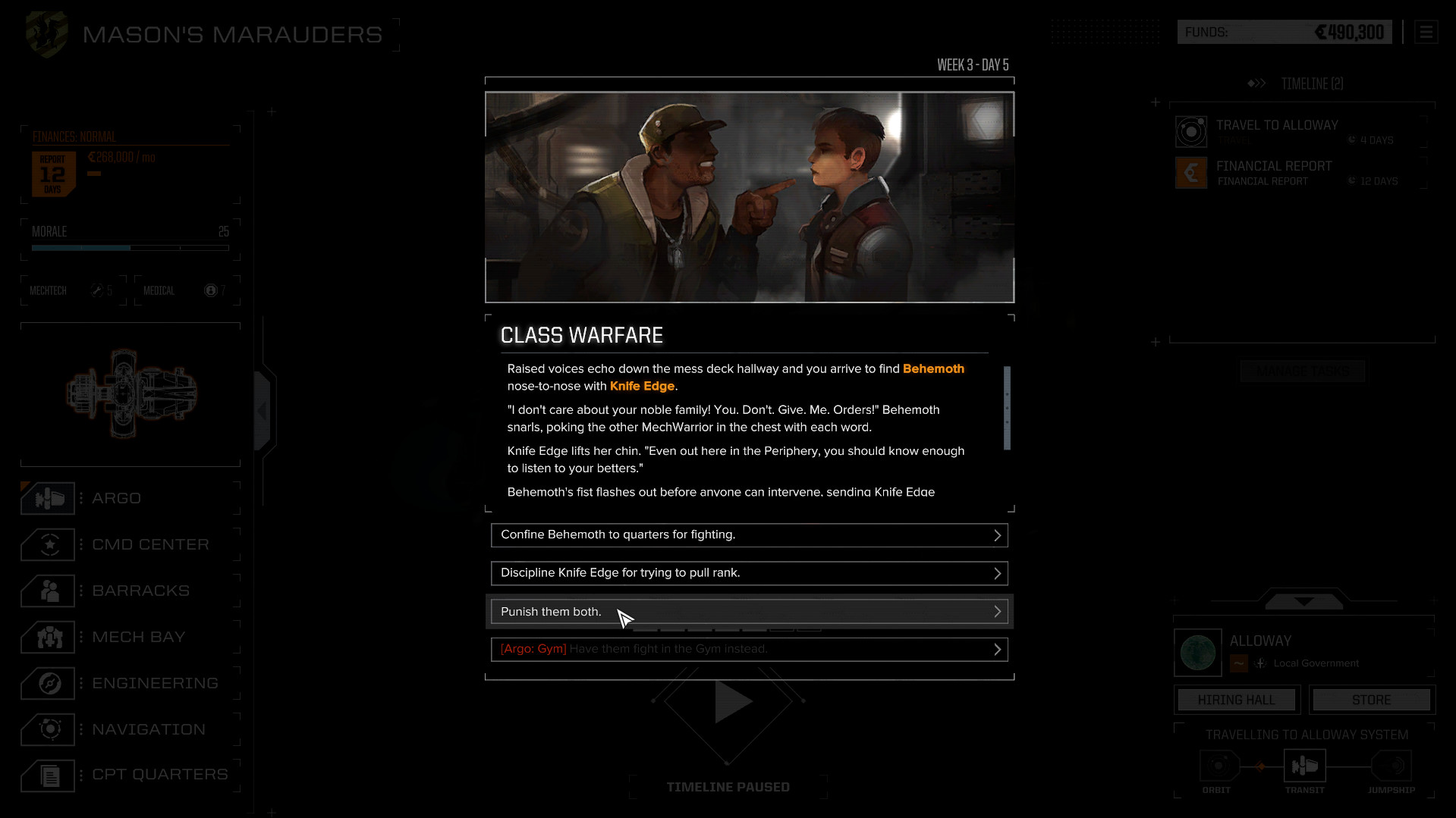 A text box describing an altercation between two members of the same mercenary company. There are three dialogue options, one of which is highlighted.