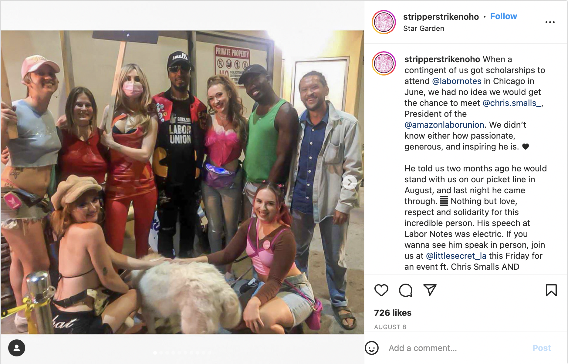 Instagram post of Chris Smalls visiting the strike, from @stripperstrikenoho 