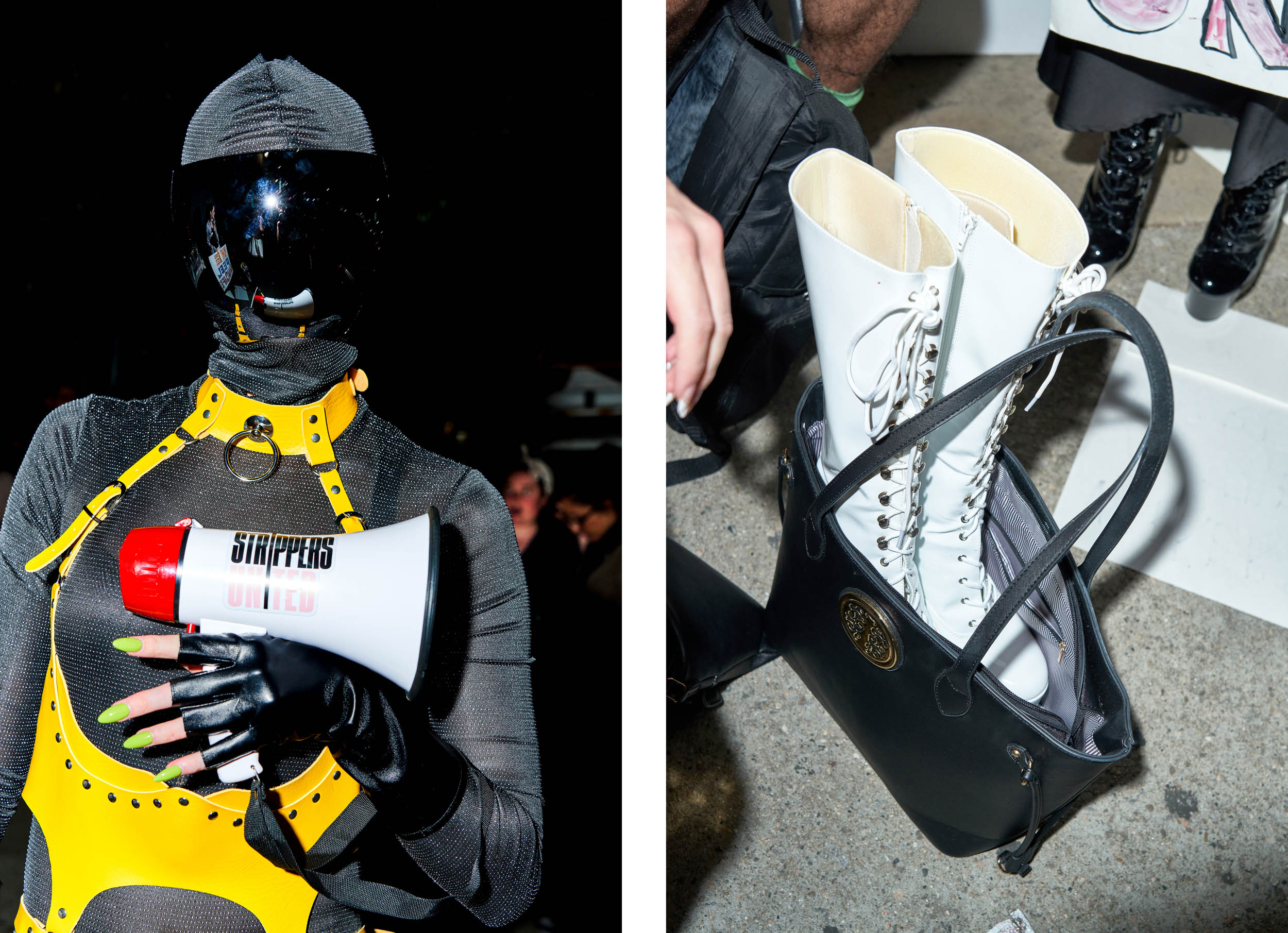 A dancer wearing a leather harness and a full face sunglass visor, a dancer's knee high leather boots in a purse