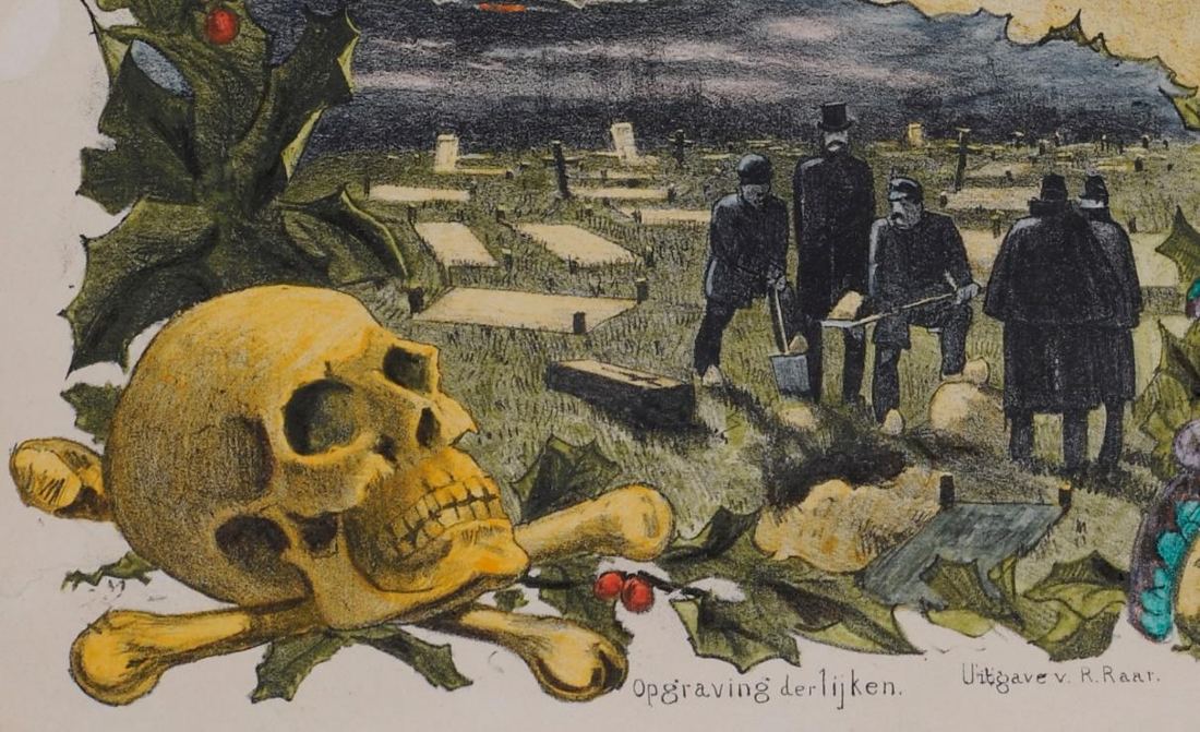 Ilustrasi lima laki-laki membongkar makam dengan gambar tengkorak di sebelah kiri