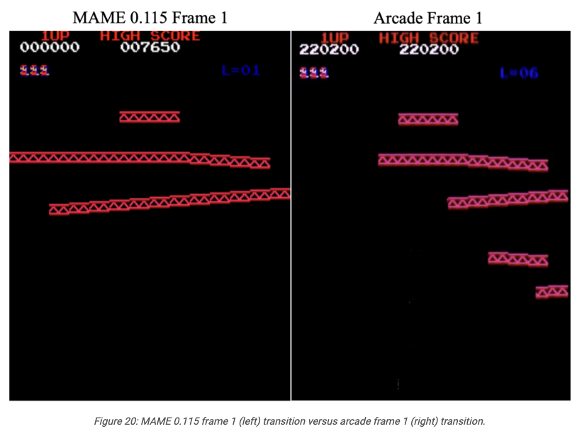 A comparison of the first frame in a Donkey Kong transition on arcade hardware and on the MAME emulator. (Image: Tanner Fokkens)