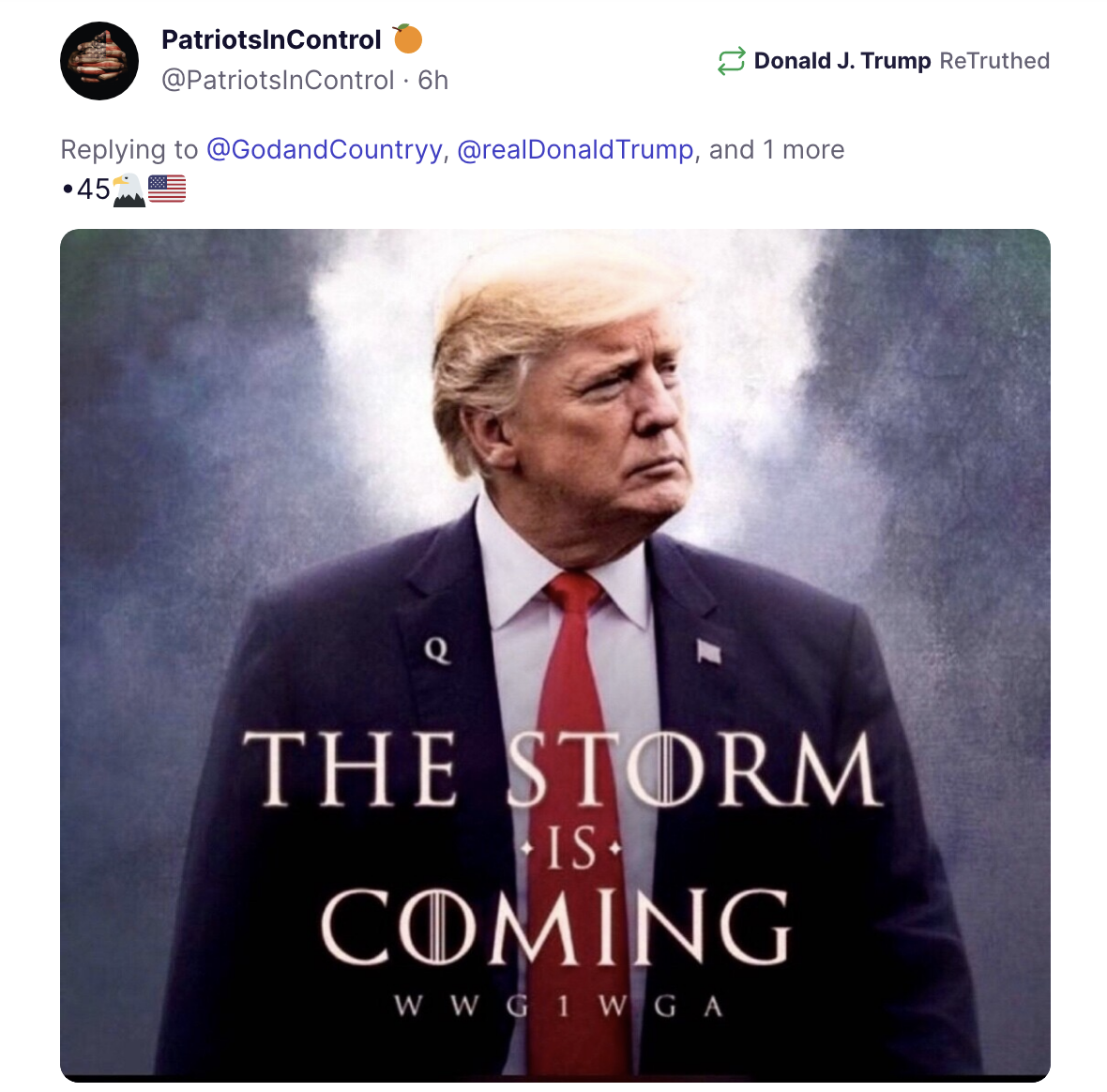 Former President Donald Trump shared a picture of himself wearing a Q lapel pin, overlaid with the QAnon phrases “The Storm is Coming” and “WWG1WGA,” on his Truth Social account. (Truth Social)