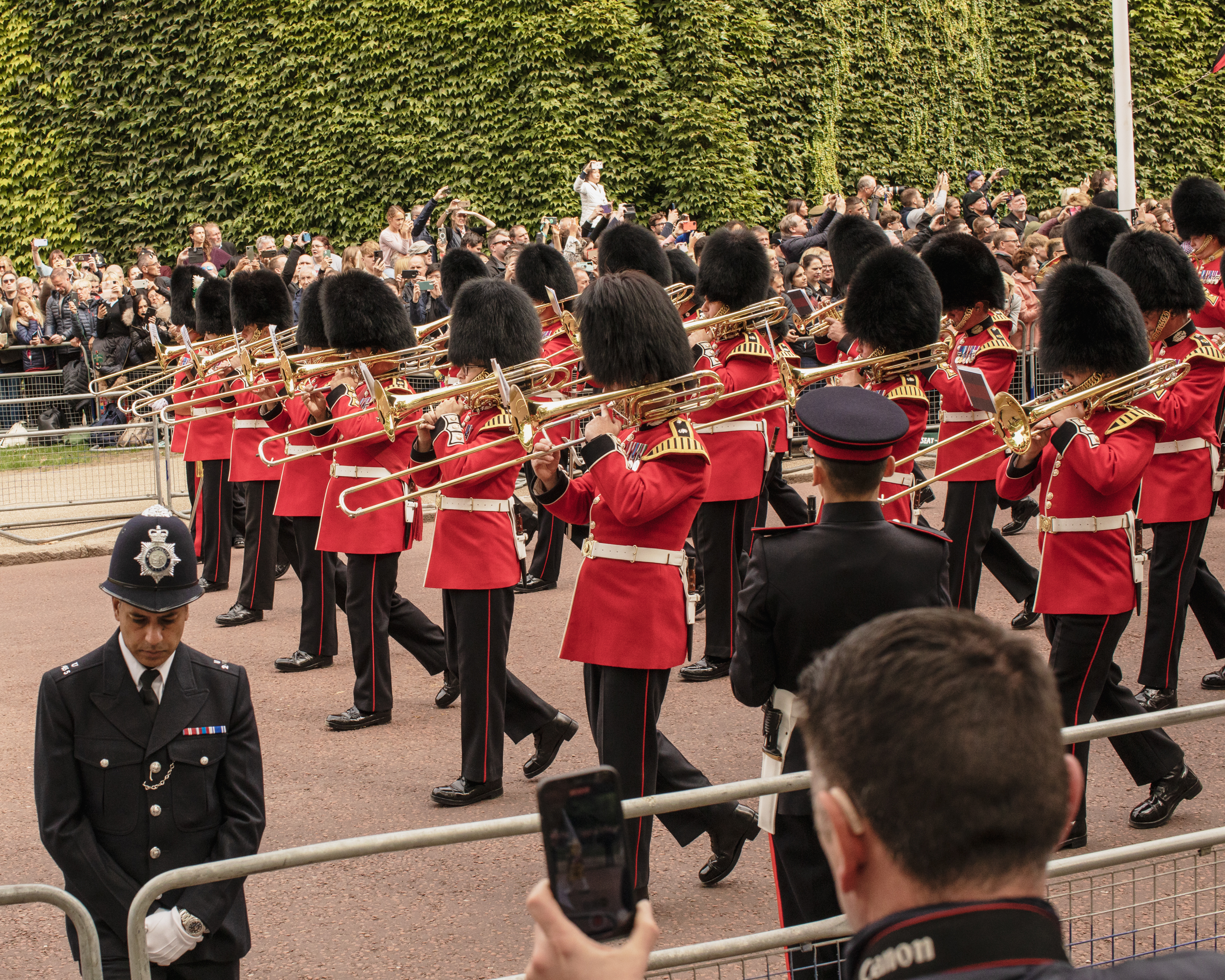 Beefeaters playing trumpets during Queen Elizabeth II's funeral