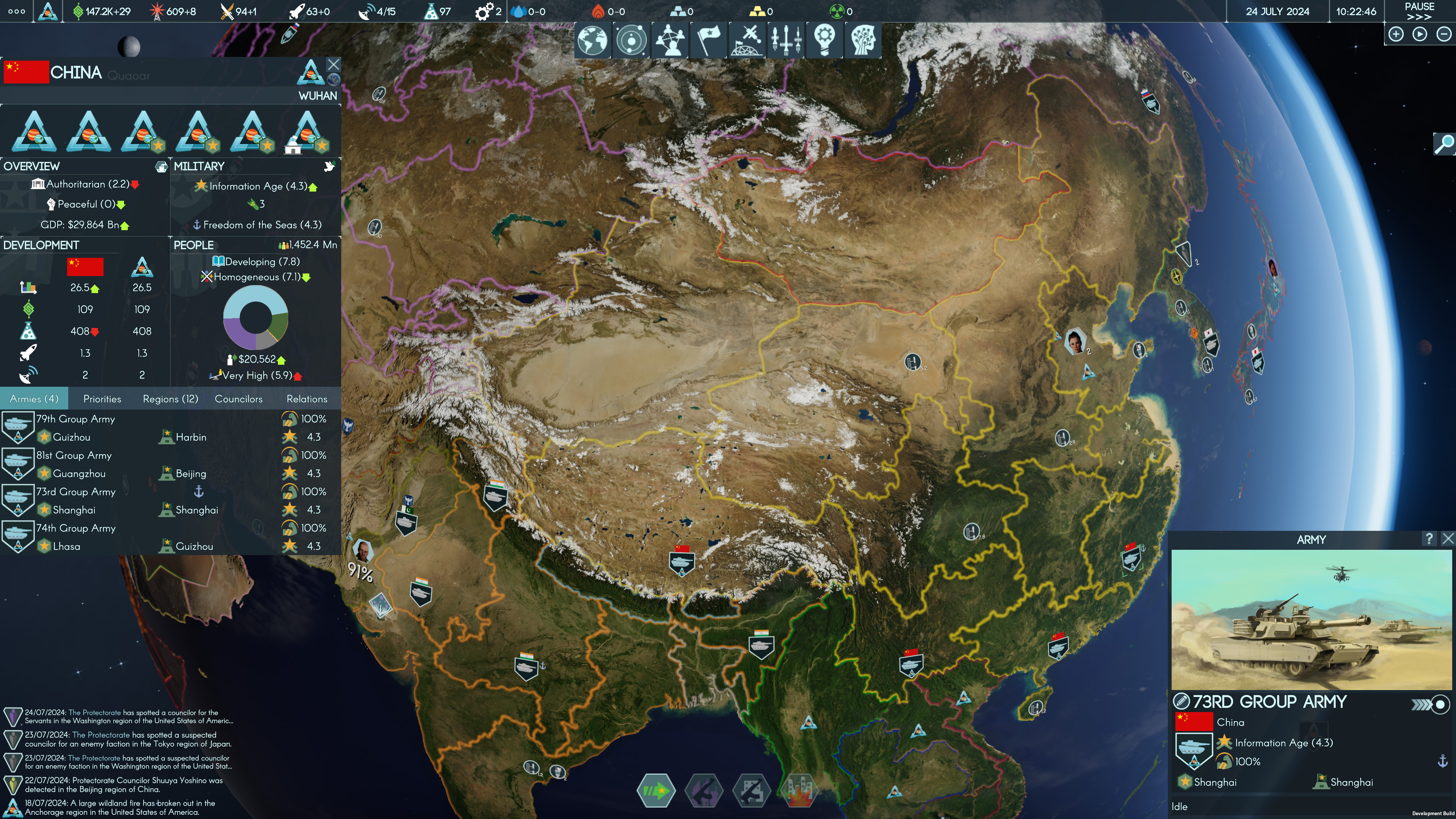 A screenshot of Terra Invicta displaying a satellite view of China, with the country's stats on the left side of the screen.
