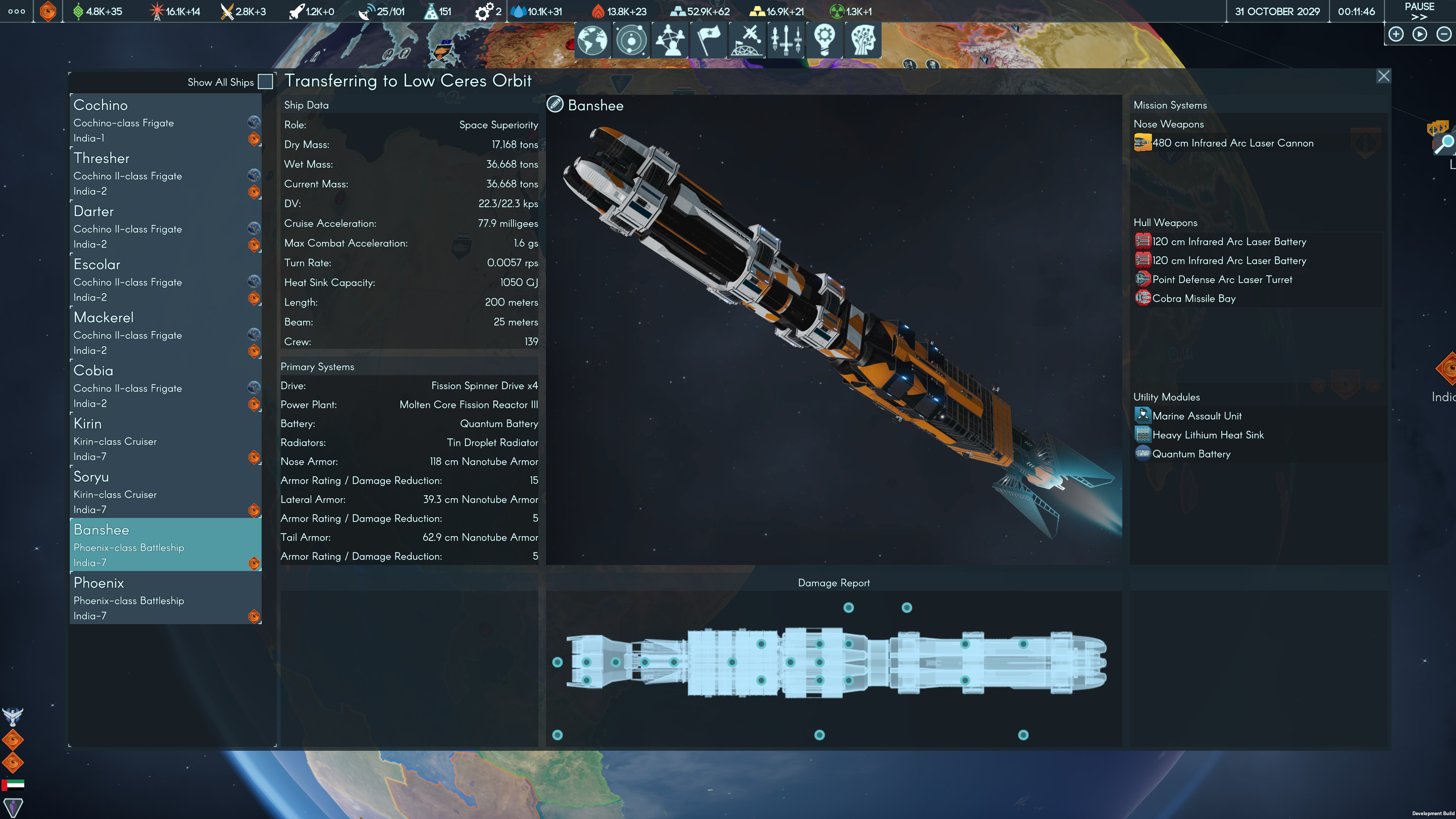 A screenshot of a space ship with a damage report, and dozens of pieces of information about its cargo, mass, and heading.
