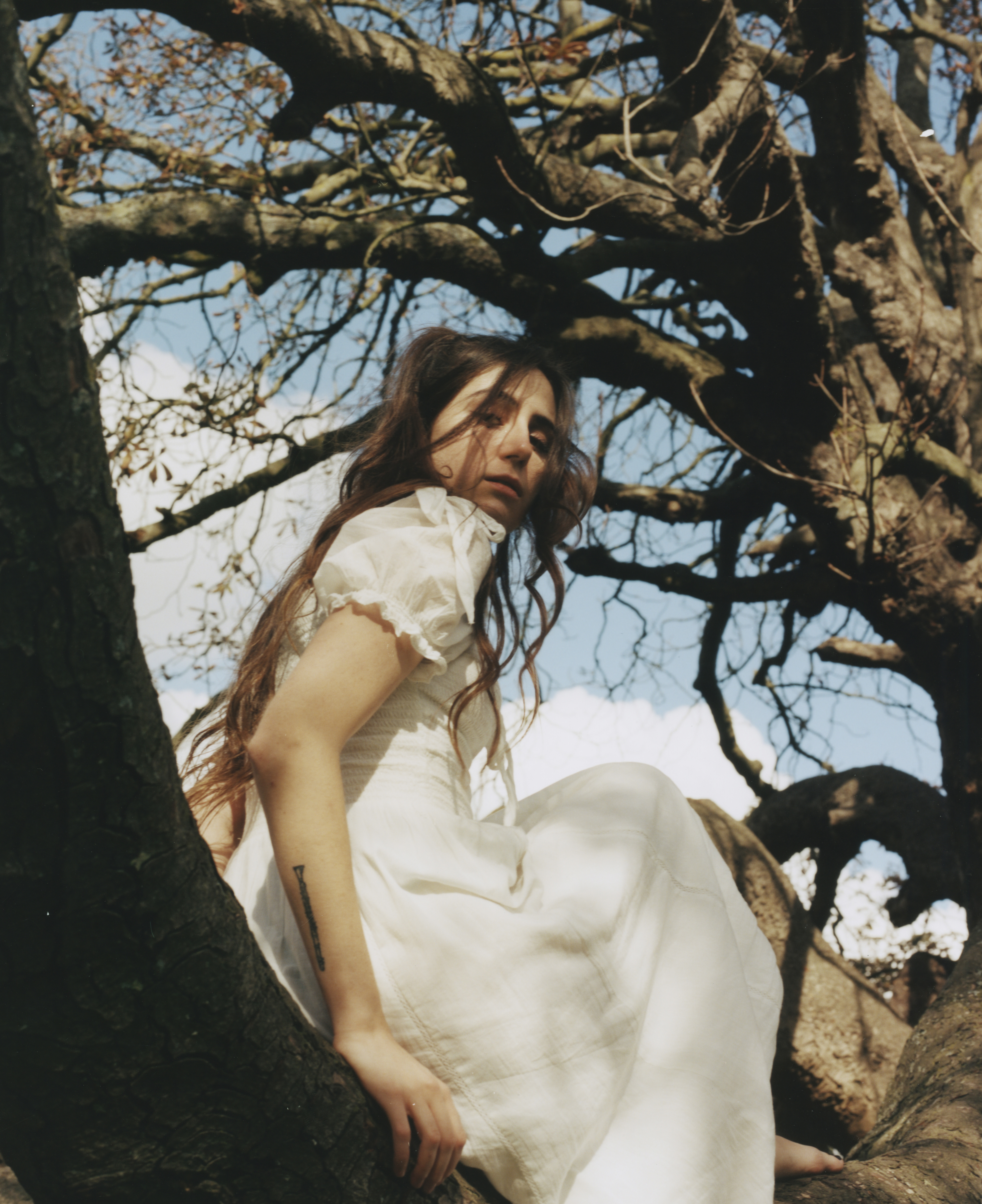 dodie in a white dress, seated in a tree and looking over her shoulder behind her