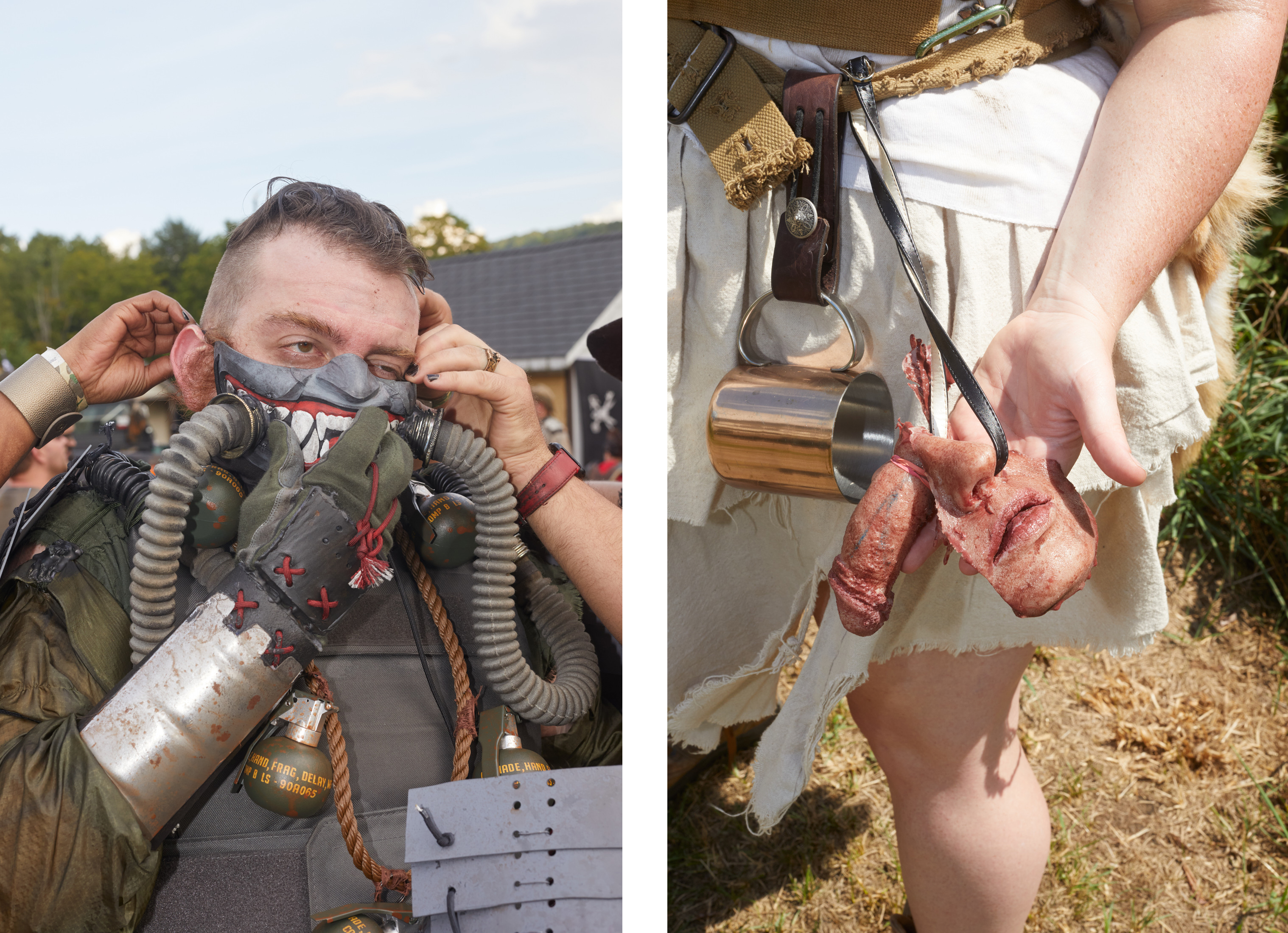 L: A man getting help putting on a prop gas mask. R: A woman shows her prosthetic severed penis, nose, and mouth.