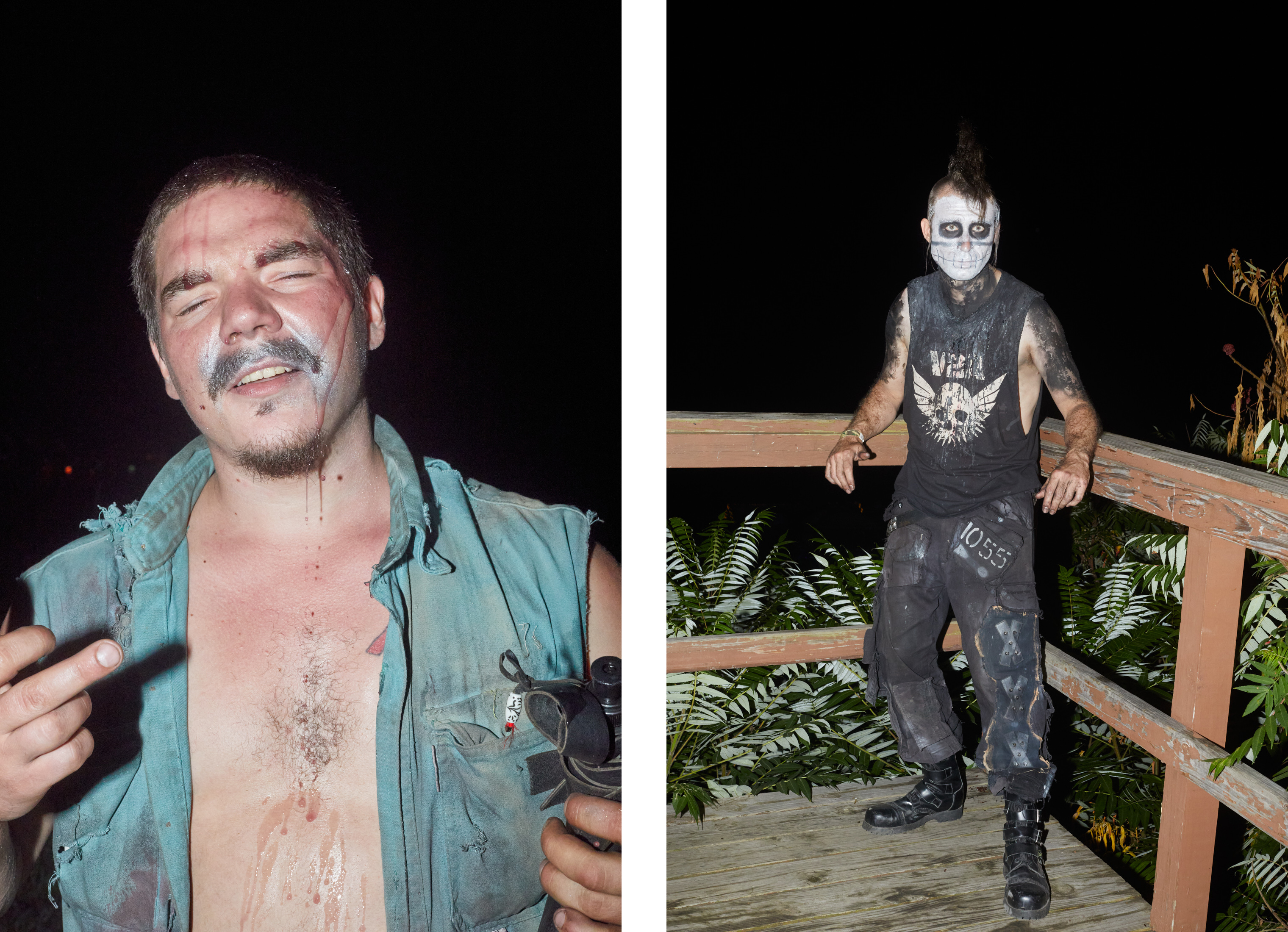 L: A person with chrome paint around their mouth. R: A person with skull face paint poses for the camera