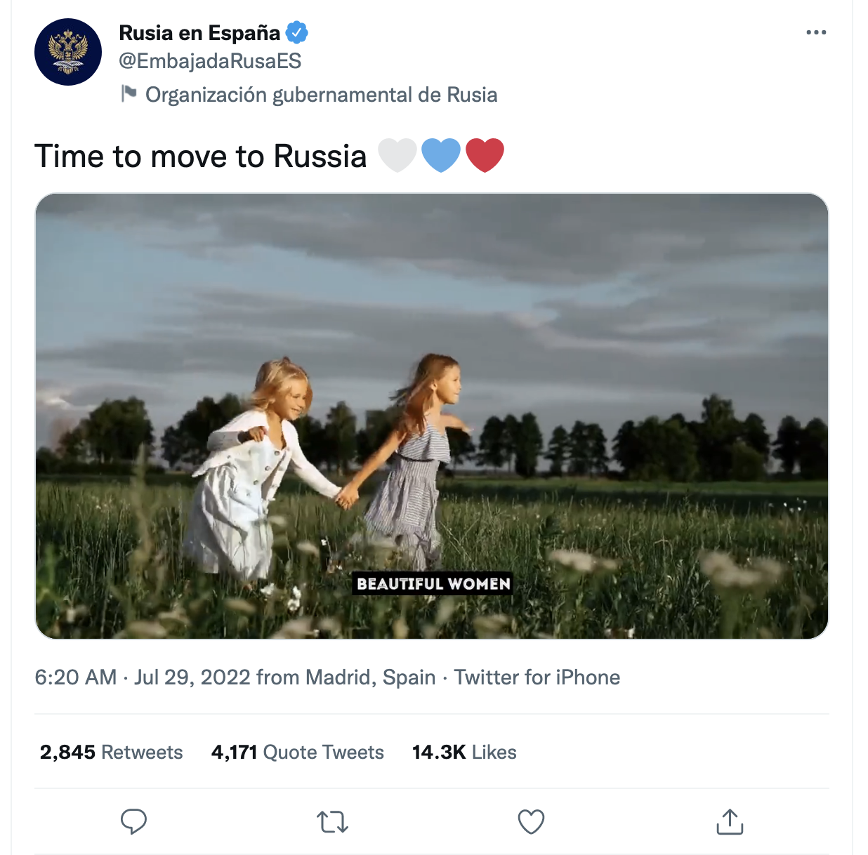The same footage Doug Mastriano used in his campaign ad of the two girls running through the field was used as part of a propaganda ad posted by the Russian embassy in Spain to its Twitter account in July.