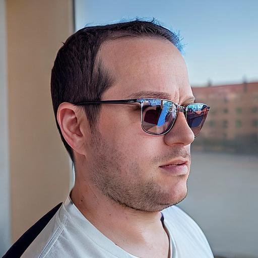 Motherboard executive editor Emanuel Maiberg wearing a white shirt and sunglasses in a photo generated by AI