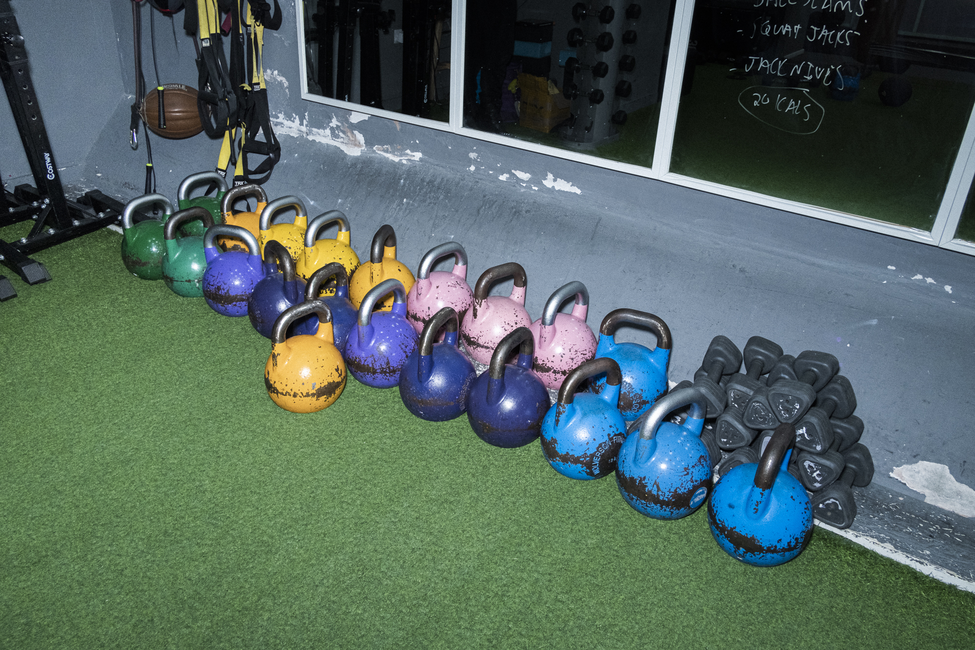 A row of dumbbells at the gym