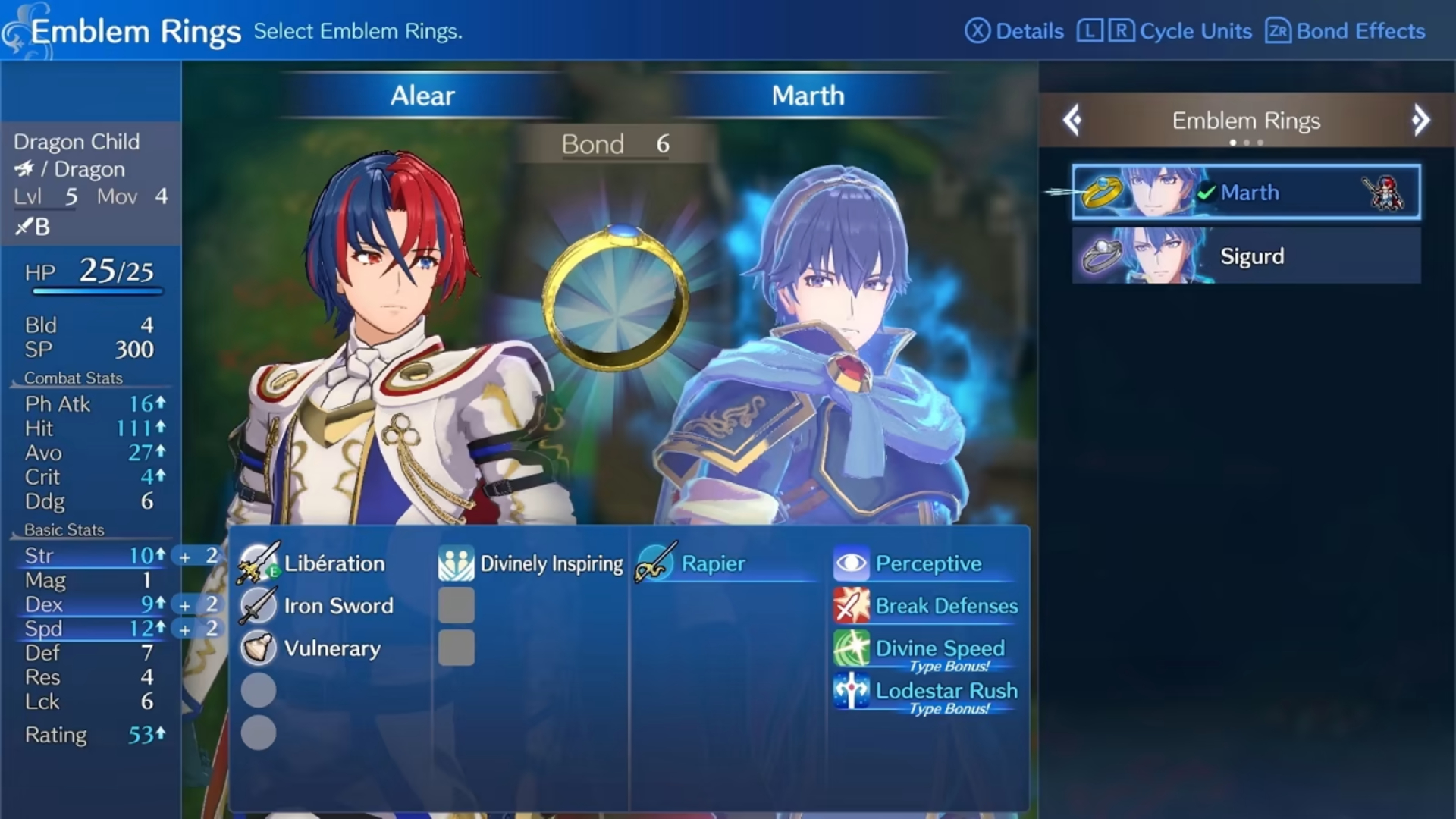 A screenshot of Fire Emblem Engage's menu, in which a player is selecting Marth's Emblem Ring for Alear. Stats and skills are on the left and center of the image respectively.