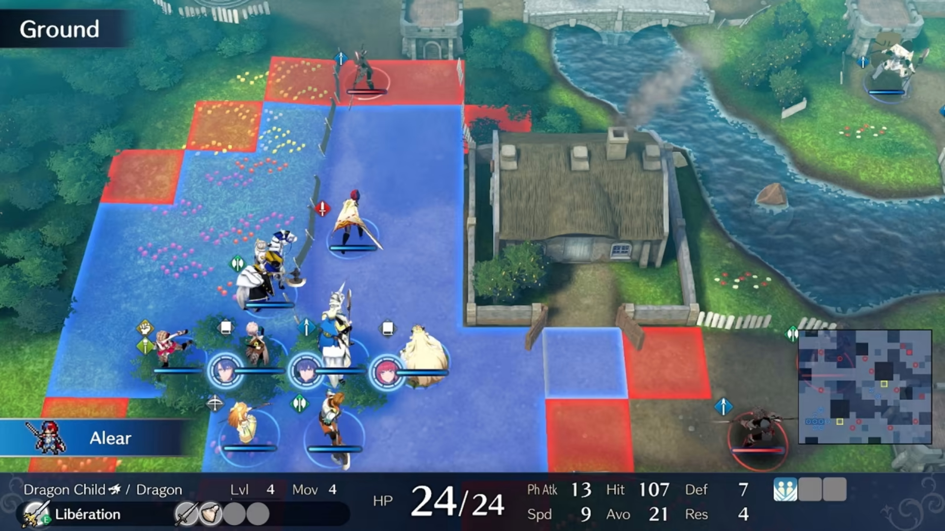 A screenshot of an early Fire Emblem Engage mission, depicting eight heroes and two enemies. The protagonist is charging to the edge of their movement range to attack one of the enemies.